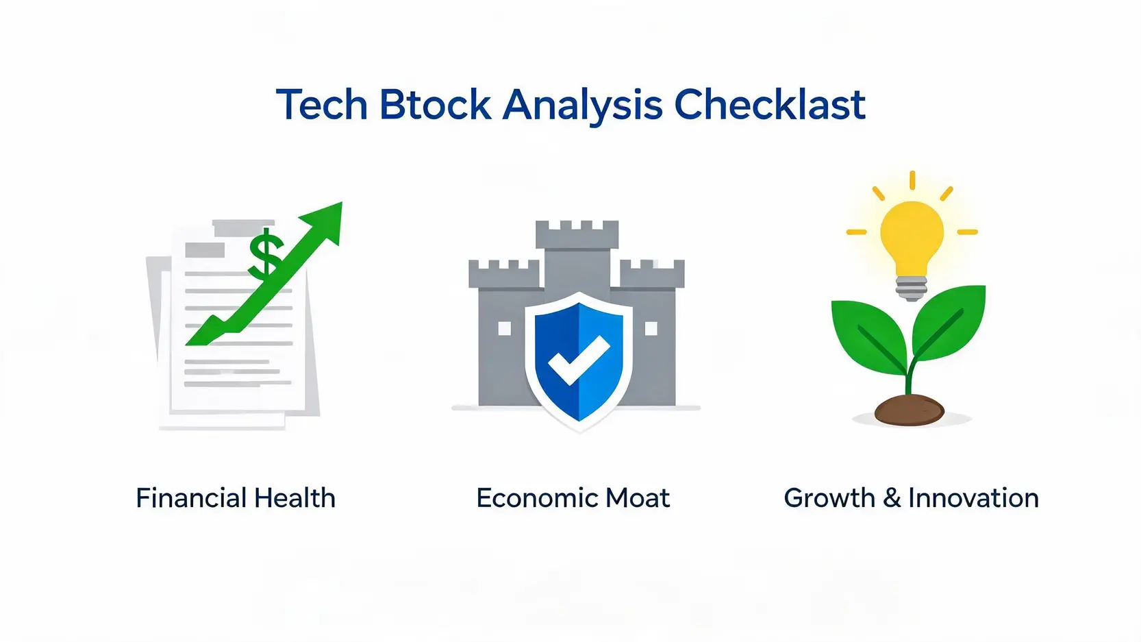 Checklist for analyzing tech stocks: Financial Health, Economic Moat, and Growth & Innovation.