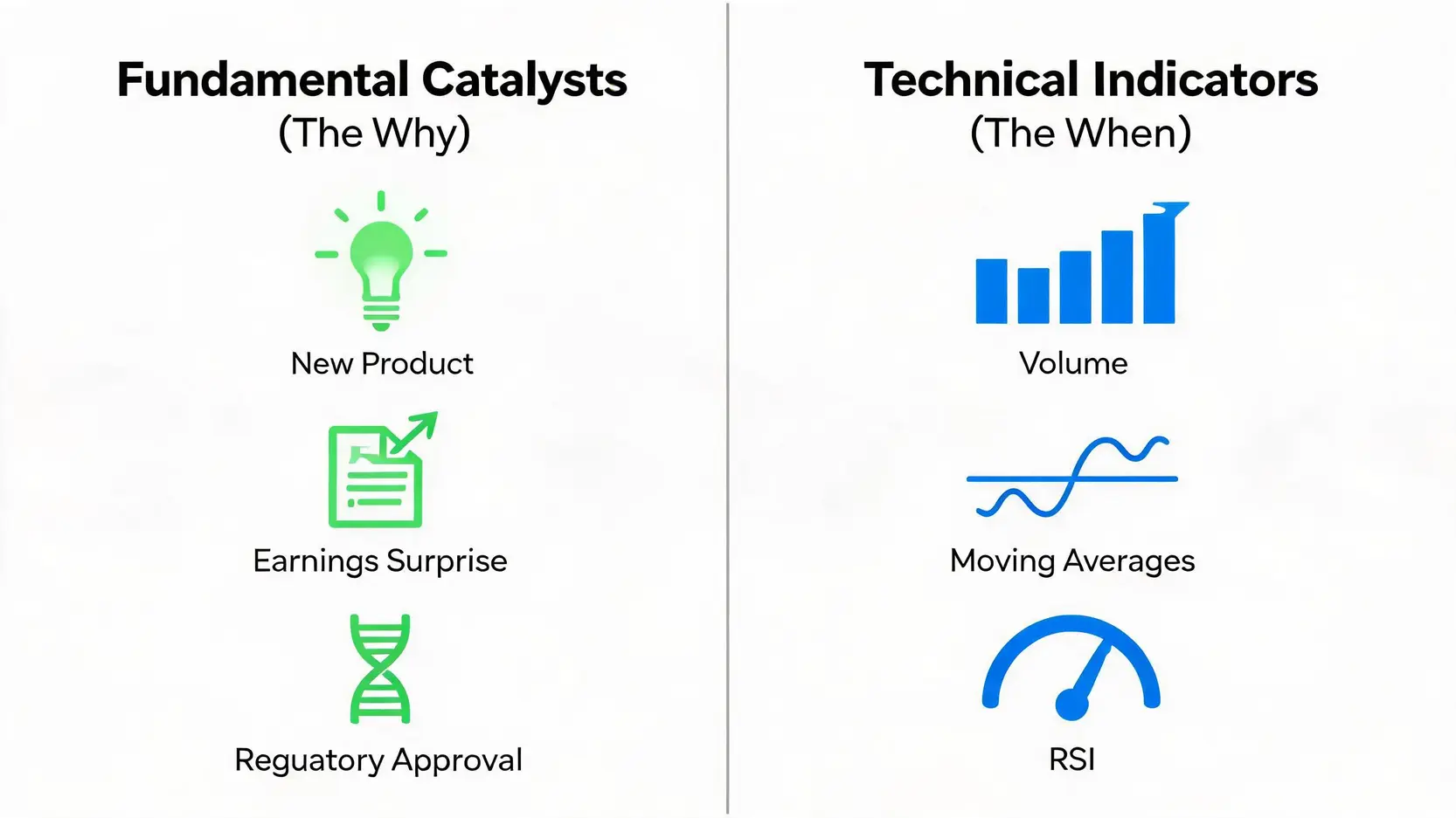 Comparison of fundamental catalysts like earnings versus technical indicators like trading volume for stock analysis.