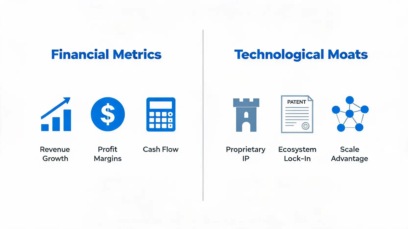 Comparison of quantitative financial metrics versus qualitative technological moats for evaluating AI infrastructure stocks.