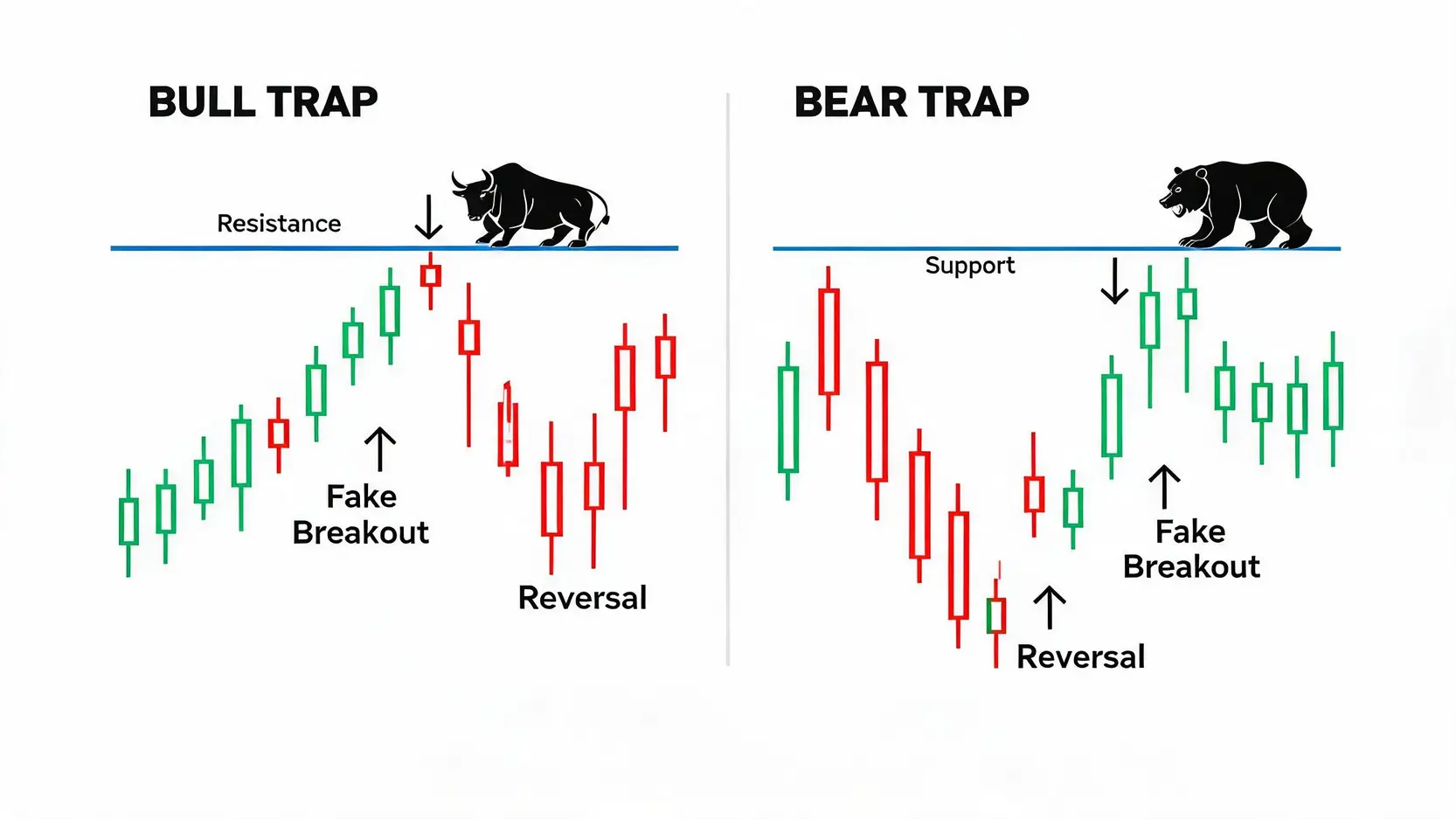 Diagram comparing a Bull Trap, where price falsely breaks resistance and reverses down, with a Bear Trap, where price falsely breaks support and reverses up.