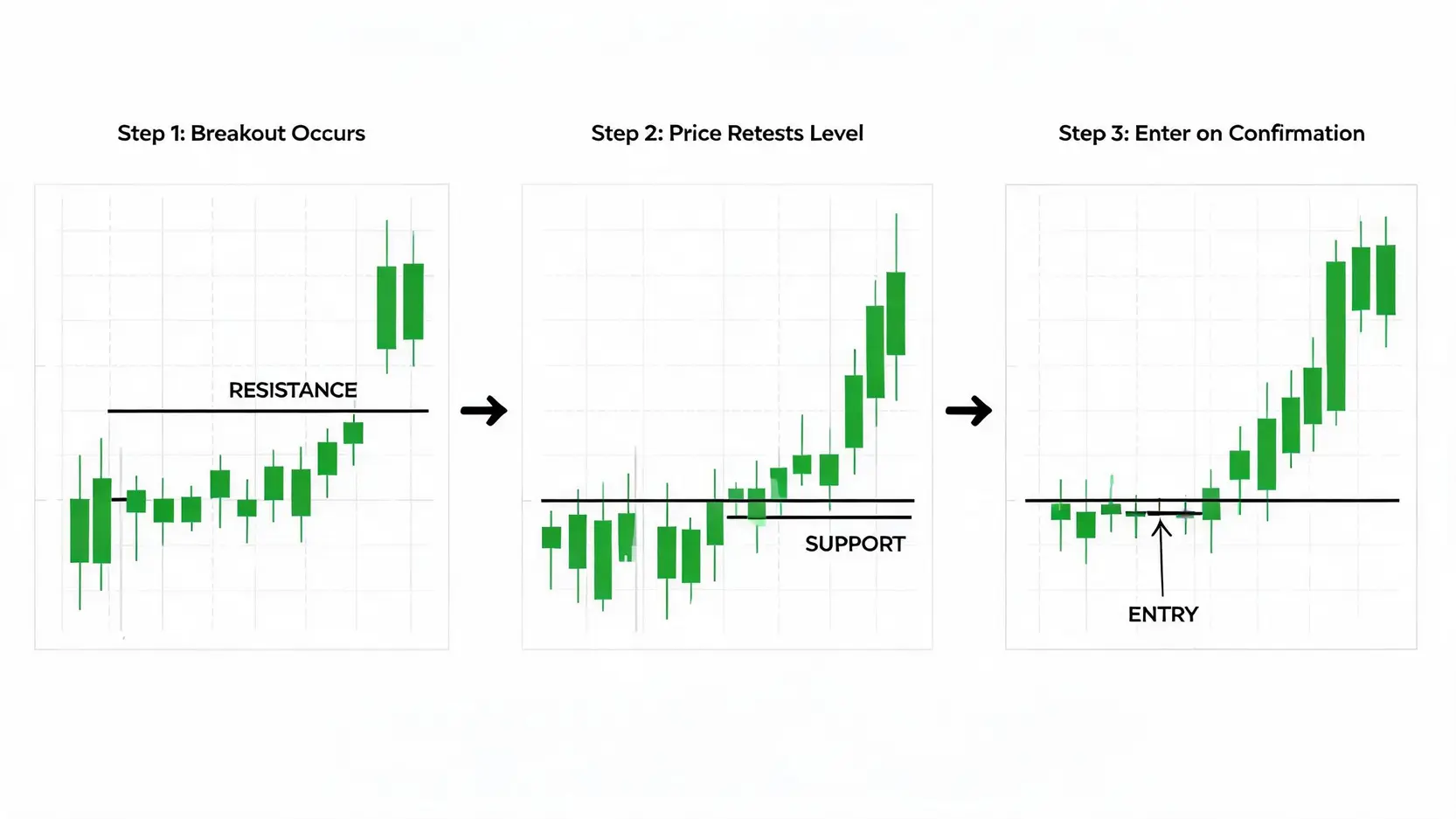 3-step flowchart of the 'Wait and Confirm' strategy: 1. Breakout, 2. Retest of the level, 3. Entry on confirmed bounce.