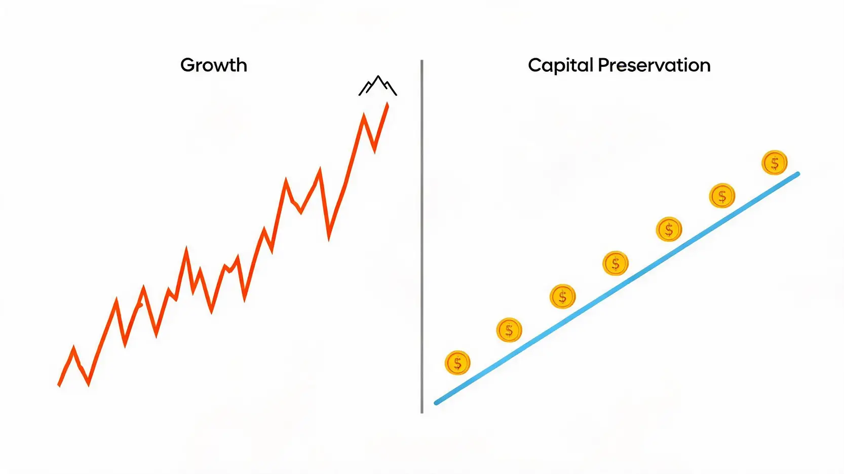 Diagram comparing Growth investing with a volatile upward path versus Capital Preservation investing with a steady, income-generating path.