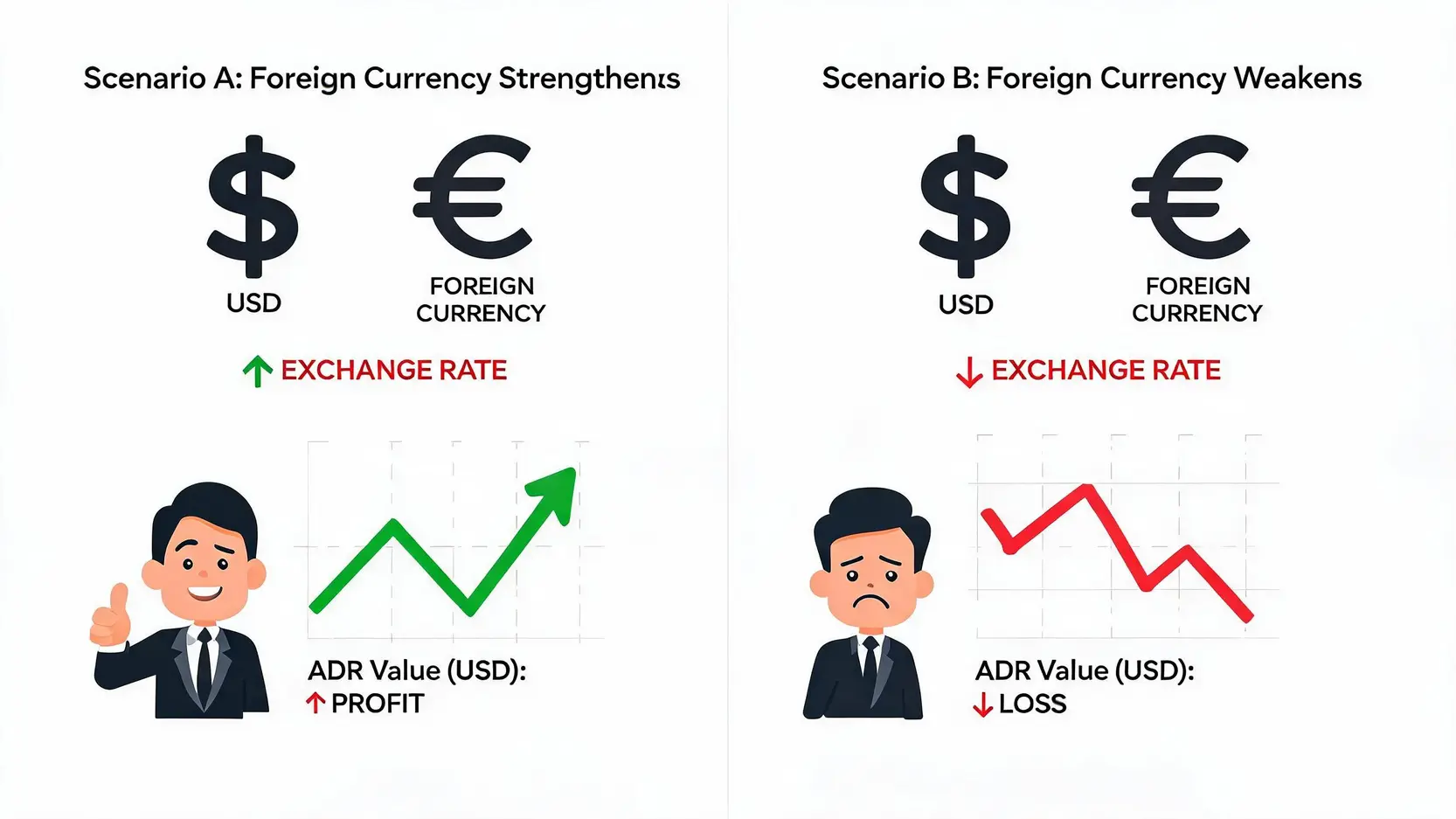 Diagram comparing the impact of a strong vs. weak foreign currency on ADR investment returns for a U.S. investor.
