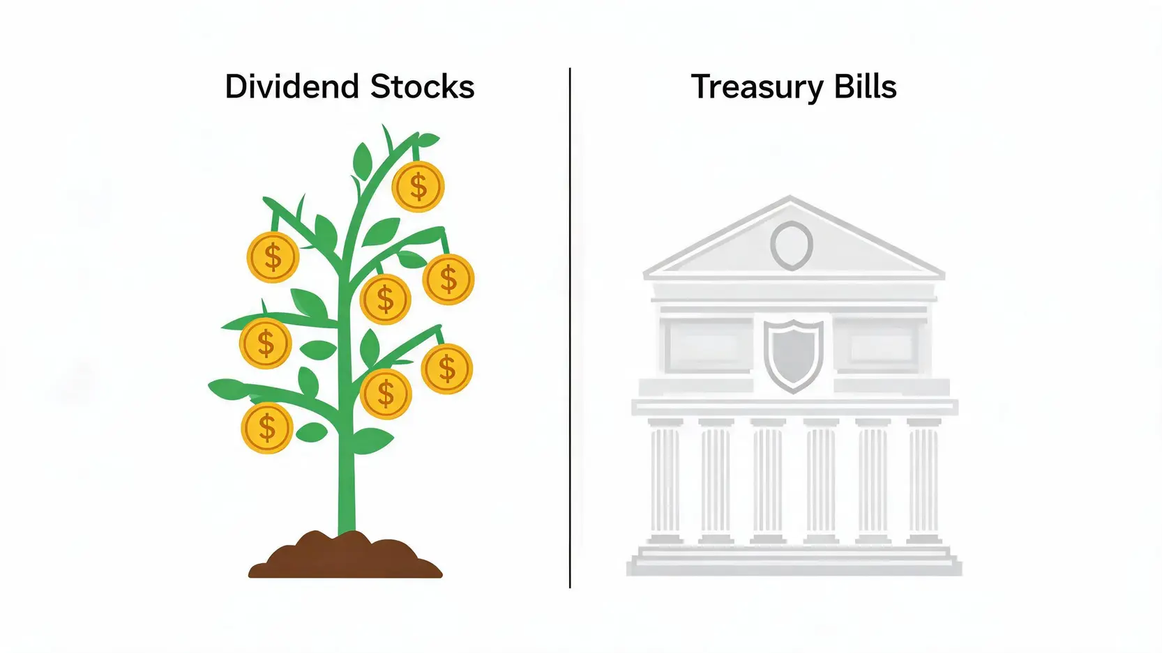 Conceptual comparison of Dividend Stocks, shown as a growing money plant, versus Treasury Bills, shown as a safe government building.