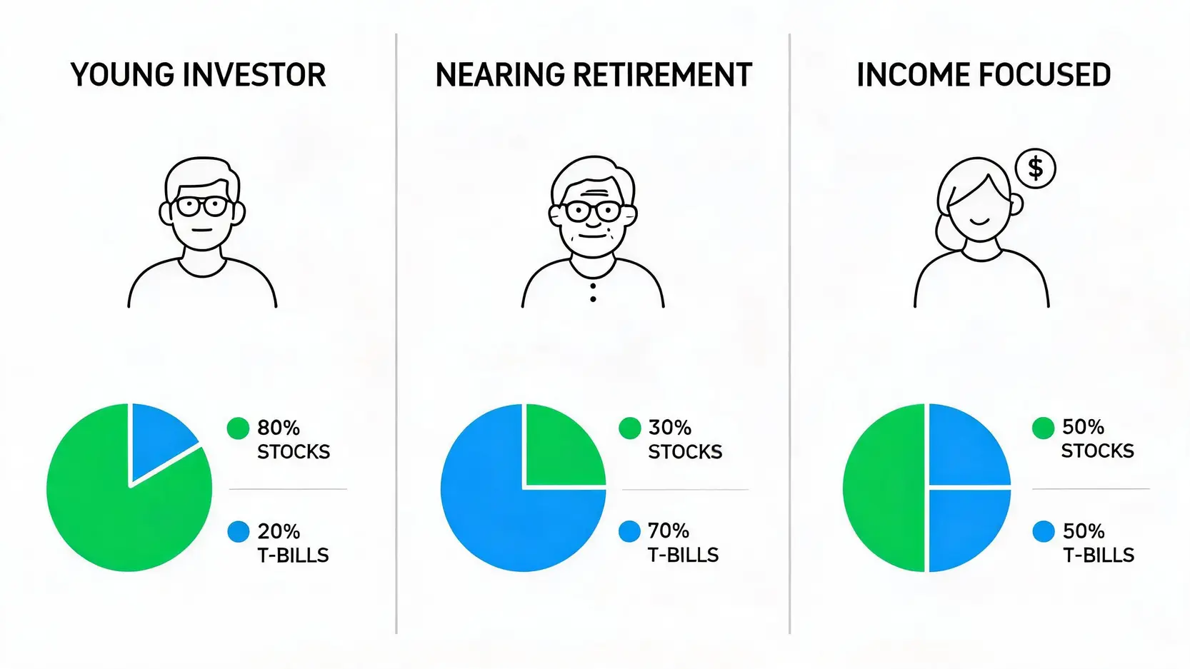 Diagram showing three investor profiles and their recommended portfolio allocation between stocks and T-bills, from aggressive for young investors to conservative for retirees.