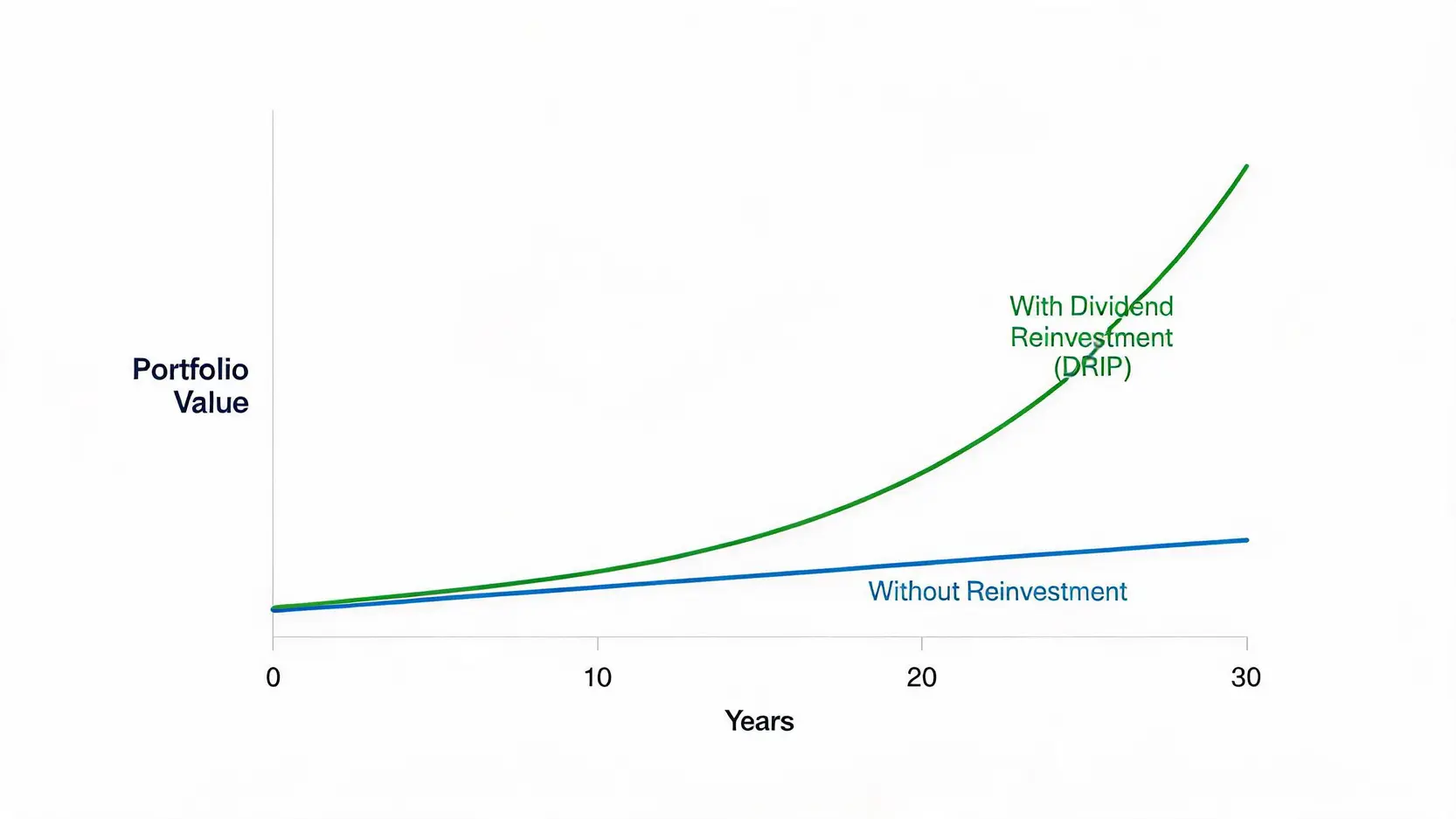 Line chart demonstrating the long-term portfolio growth with dividend reinvestment (compounding) versus without it.