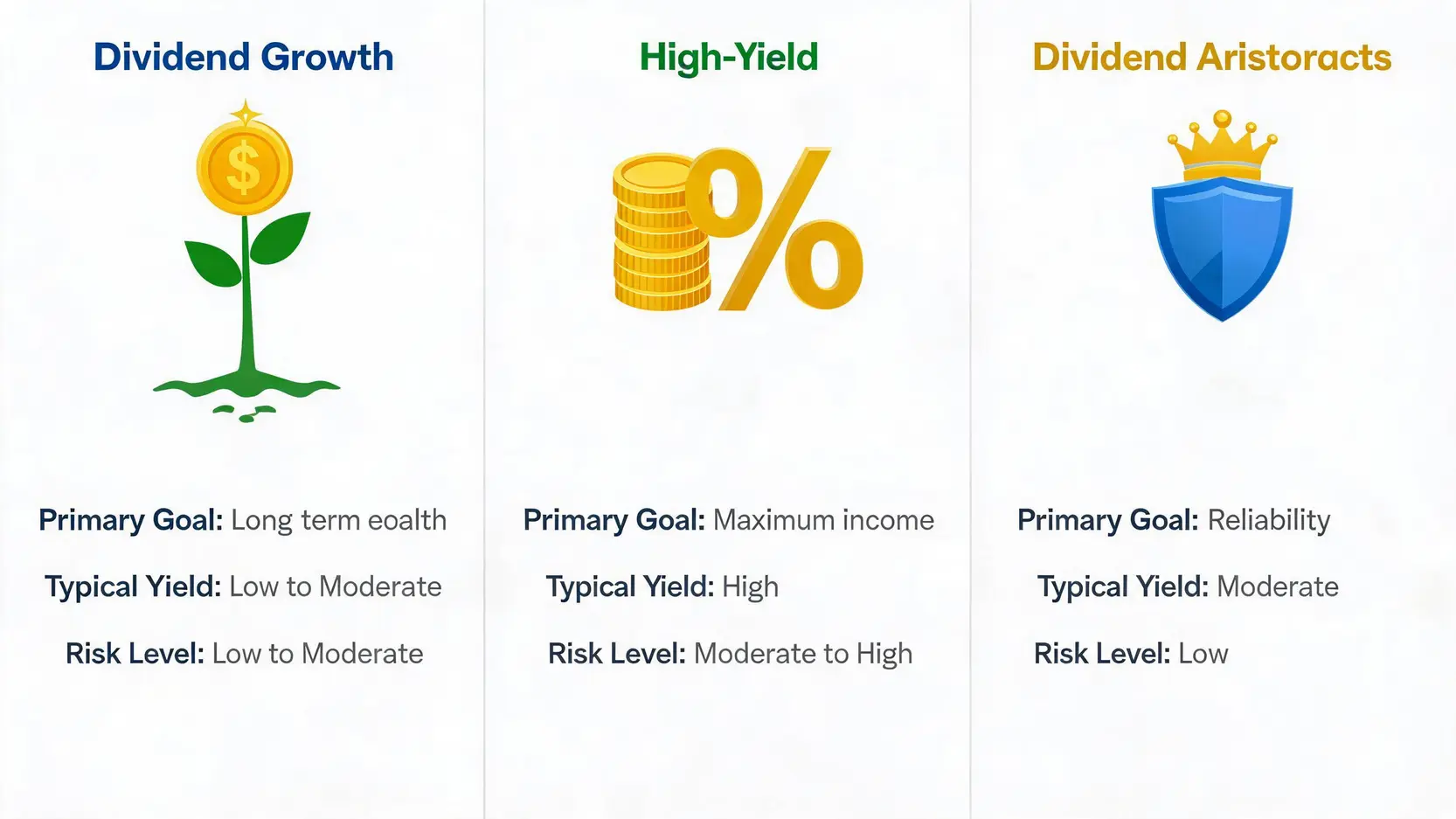 Comparison table outlining three dividend investing strategies: Dividend Growth, High-Yield, and Dividend Aristocrats, based on goals, yield, and risk.