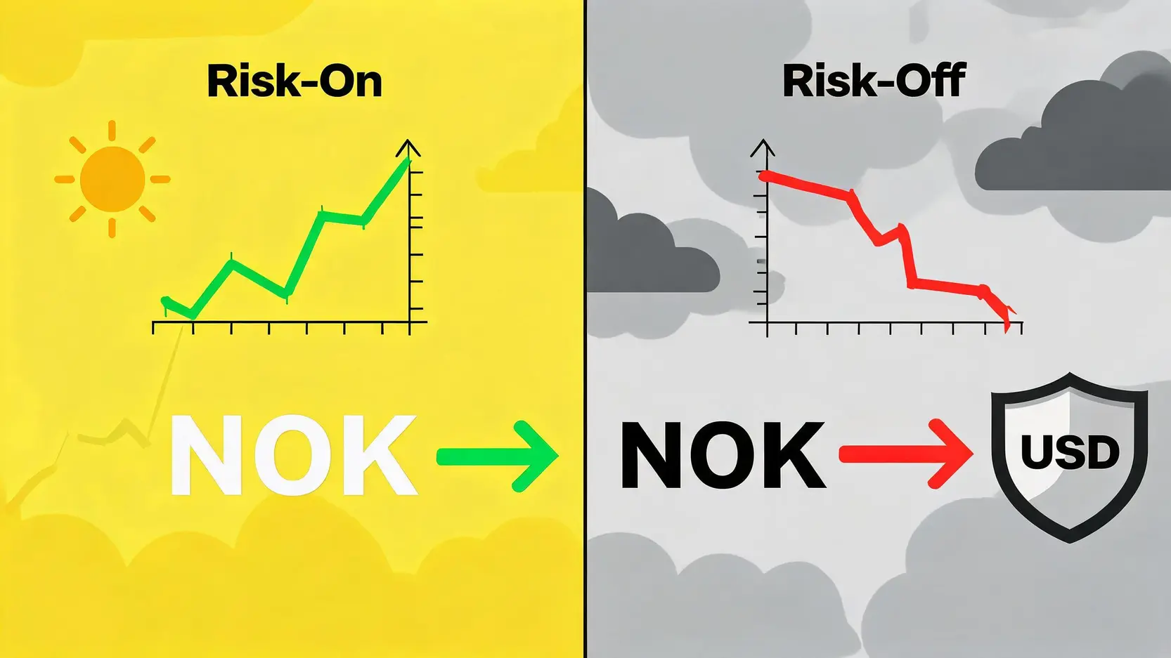 A split image contrasting a 'Risk-On' environment where the NOK strengthens and a 'Risk-Off' environment where capital flows to safe havens, weakening the NOK.