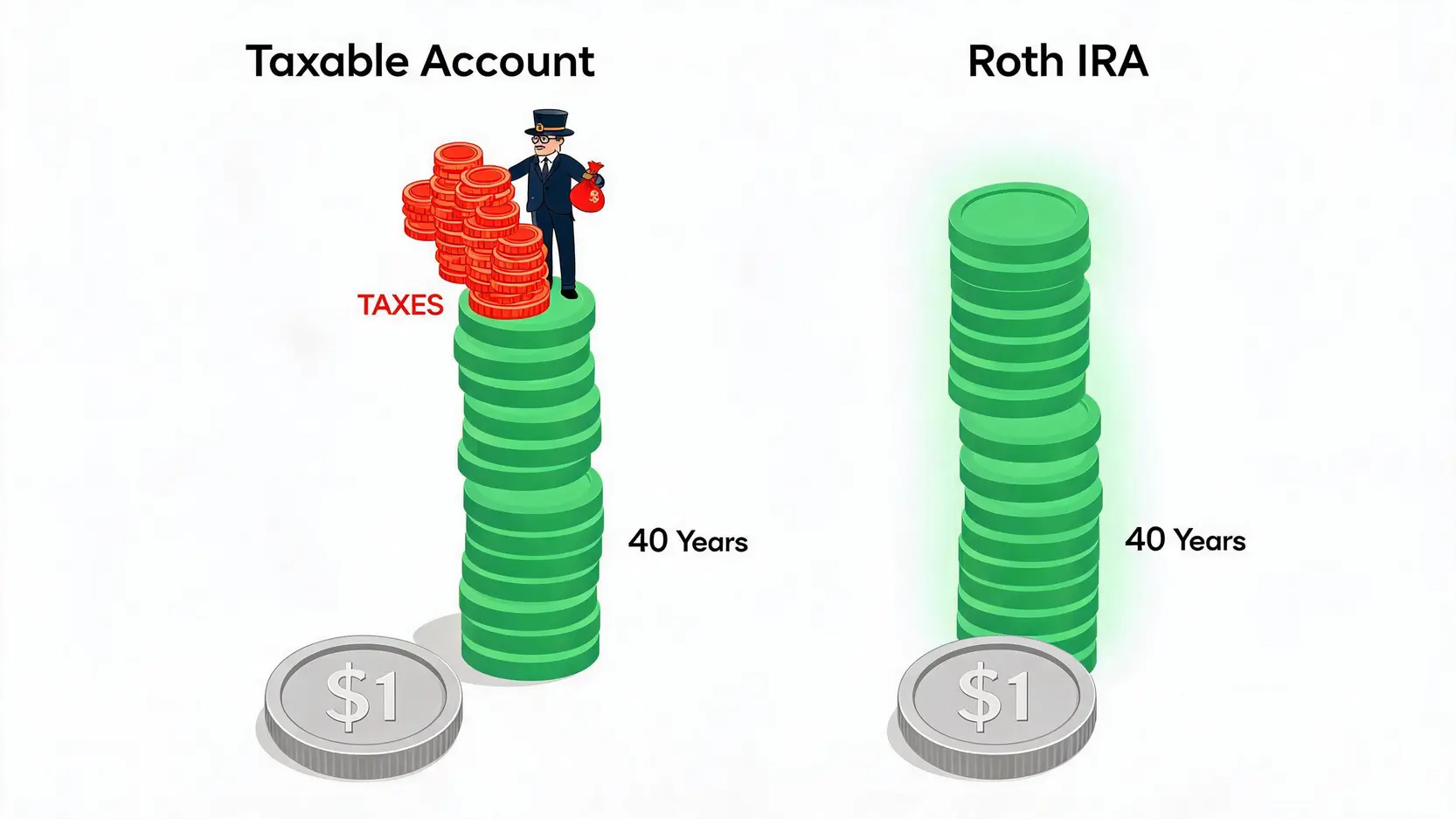 A diagram comparing the growth of money in a taxable account versus a tax-free Roth IRA over 40 years.