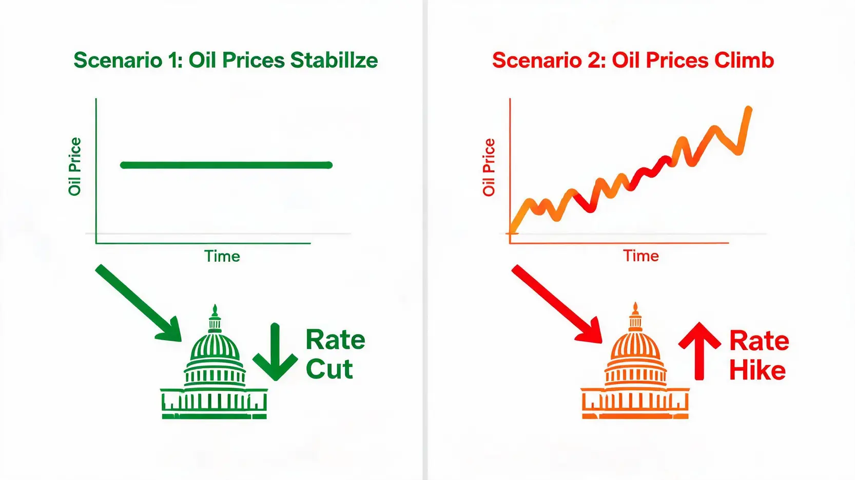A comparison diagram showing two scenarios: stable oil prices leading to a central bank rate cut, versus rising oil prices leading to a rate hike.