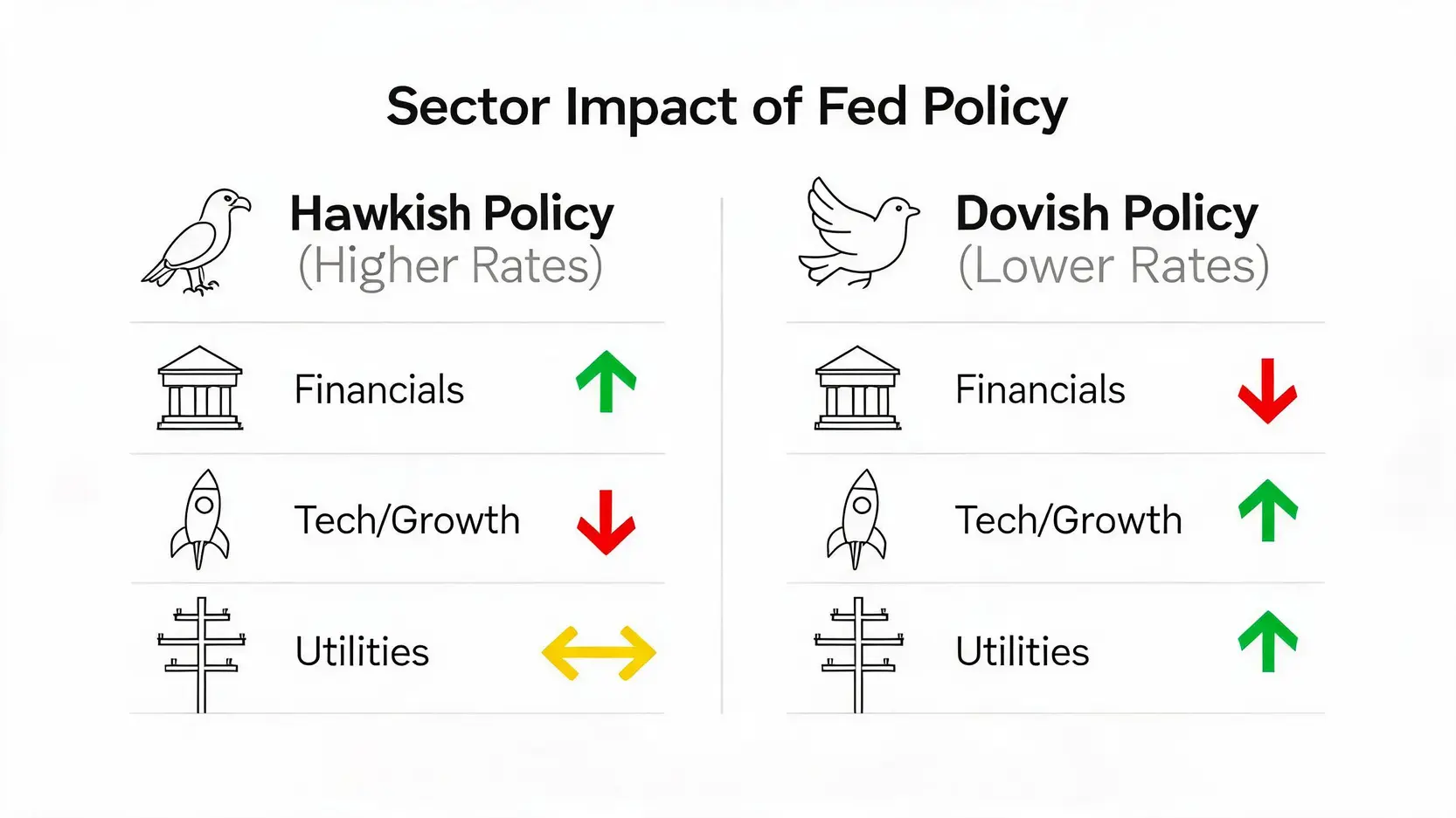 Infographic showing the impact of hawkish versus dovish Fed policy on Financial, Tech, and Utilities sectors.