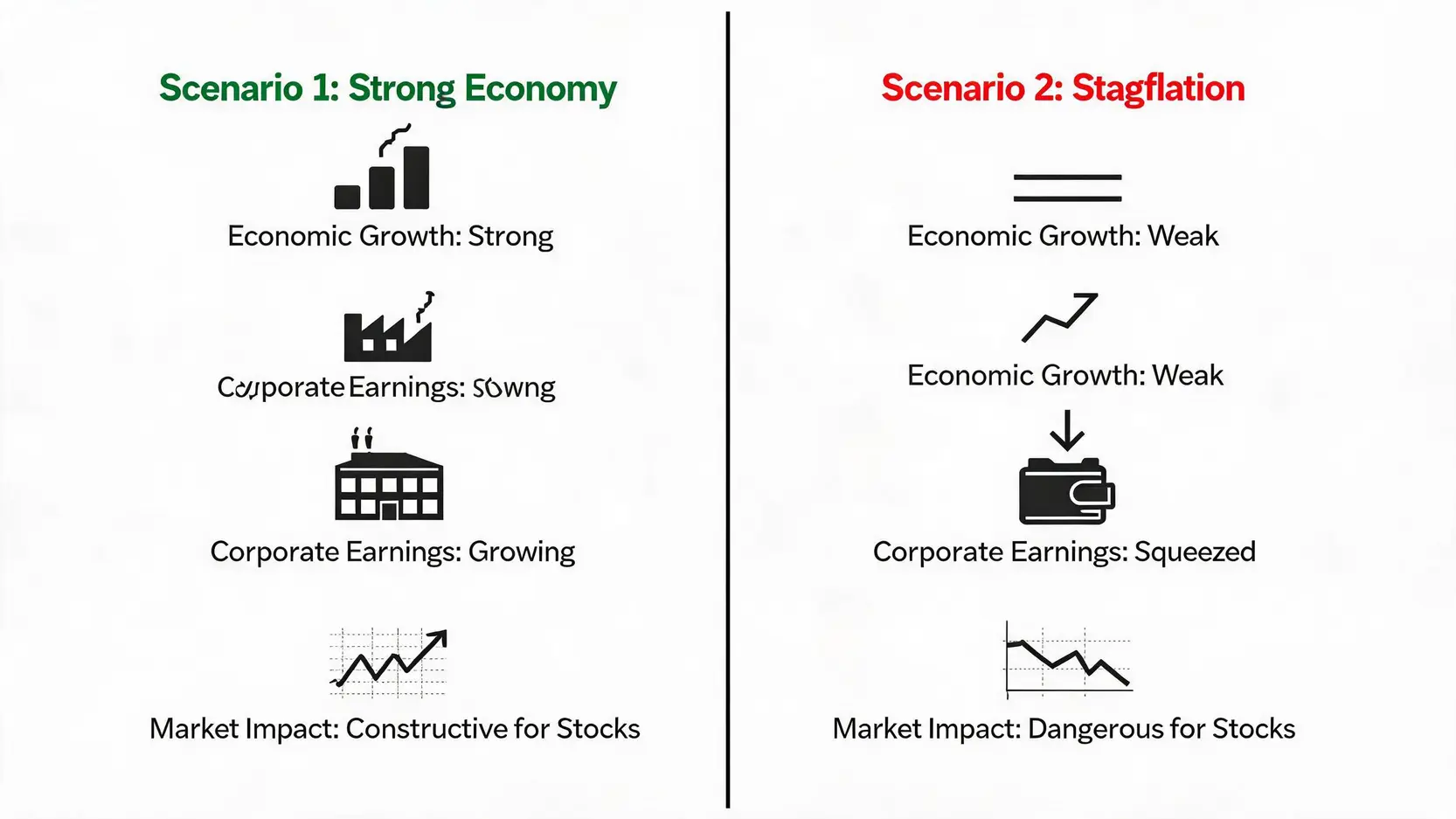 Comparison diagram showing two scenarios for rising yields: a positive outcome with a strong economy versus a negative stagflation outcome with a weak economy.