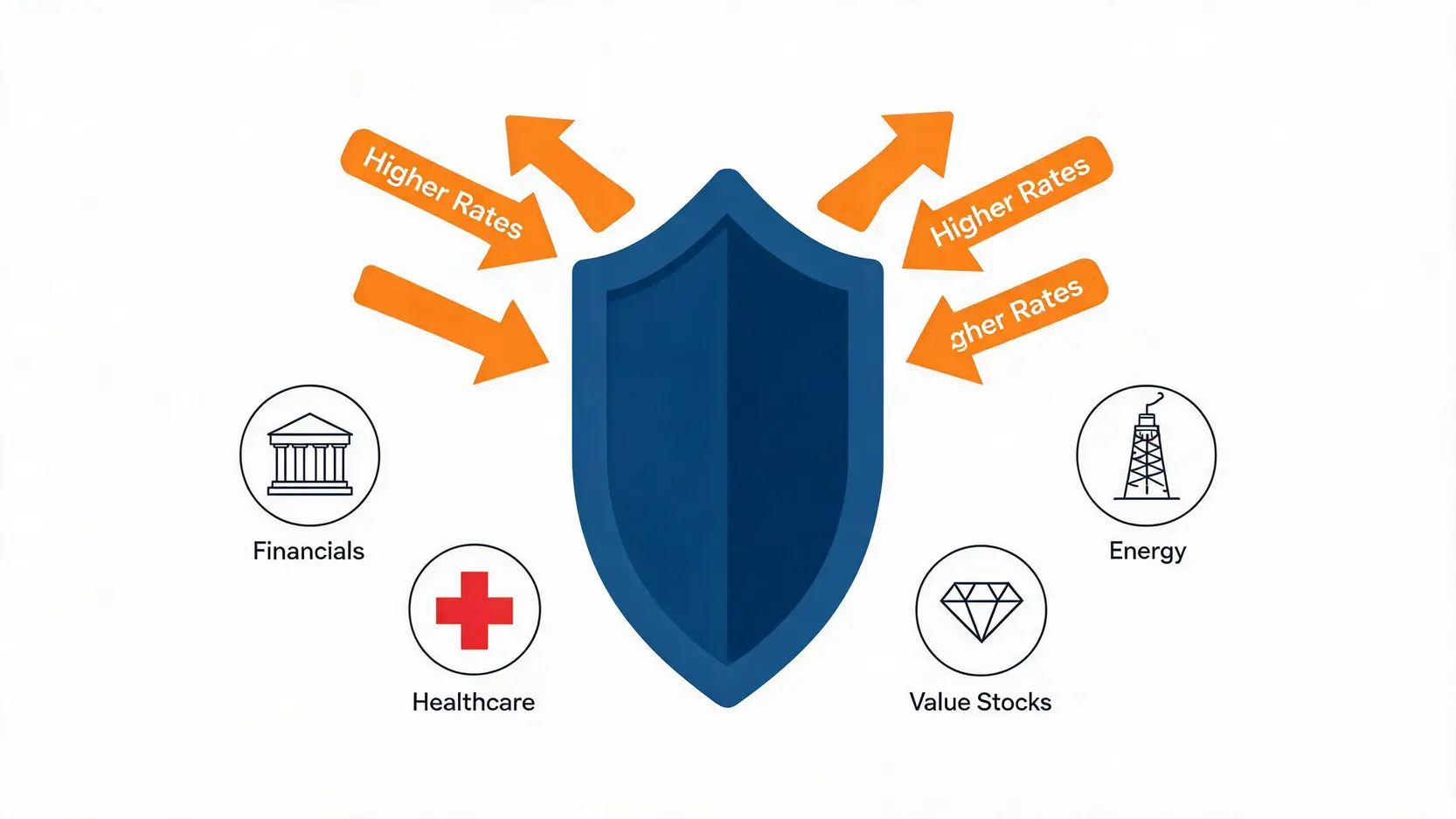 Infographic showing a shield protecting resilient stock sectors like Financials, Energy, Healthcare, and Value Stocks from the impact of higher interest rates.