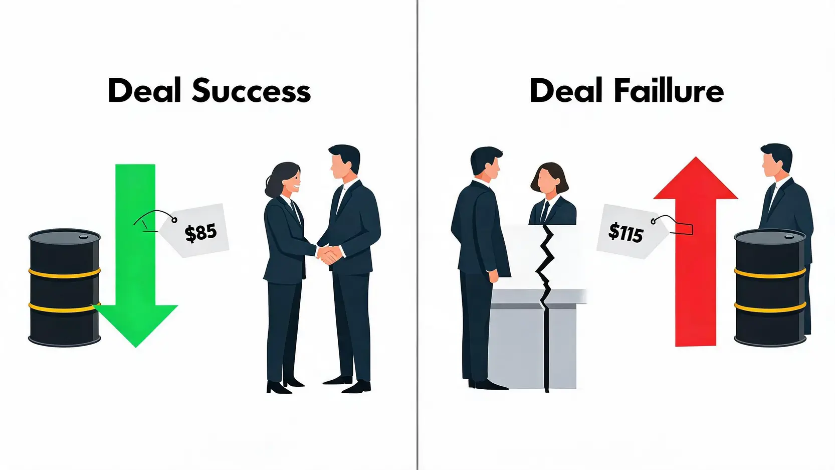Diagram comparing the two scenarios for oil prices: a successful Iran deal leading to lower prices versus a failed deal causing prices to spike.