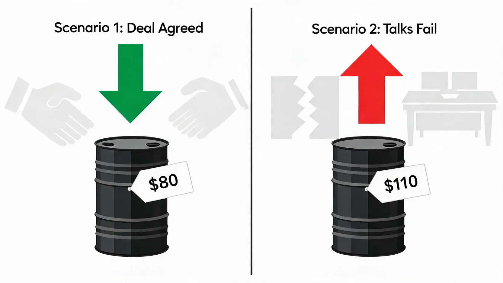 Comparison diagram showing two oil price scenarios: a price drop to $80 with a deal, and a price rise to $110 without a deal.