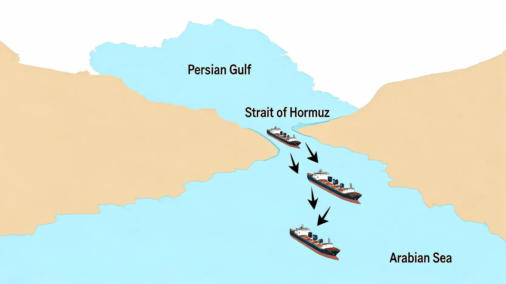 Map illustrating the Strait of Hormuz as a critical chokepoint for global oil transport from the Persian Gulf.
