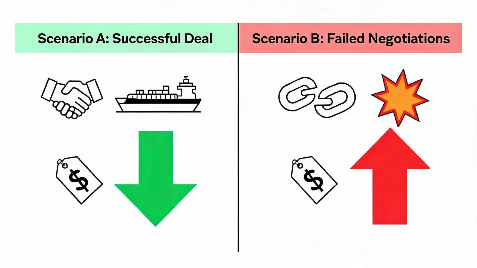 Comparison of two scenarios: a successful deal leading to lower oil prices, versus failed negotiations leading to a sharp price spike.