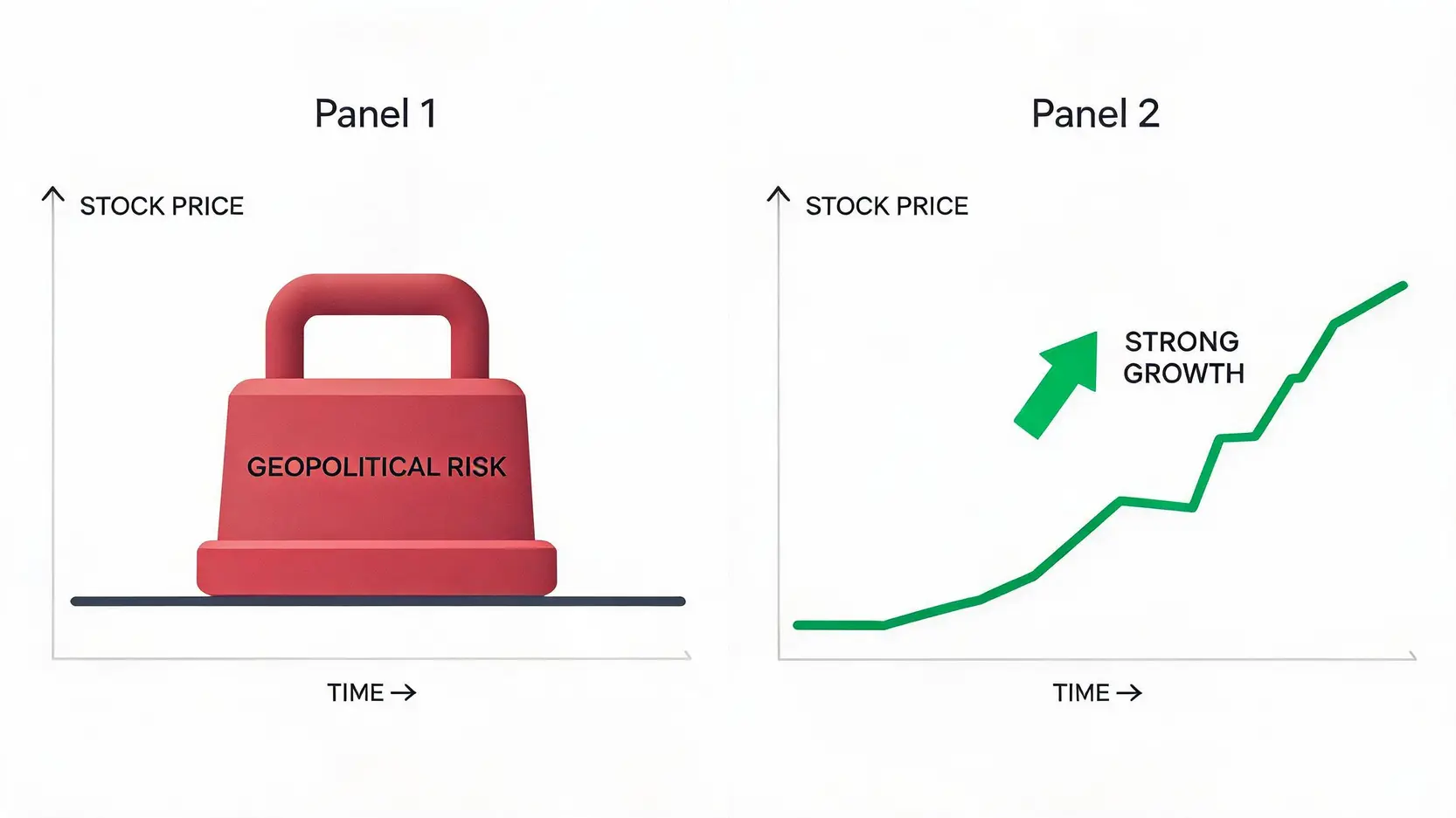 Conceptual illustration showing a 'geopolitical risk premium' weight suppressing a stock market graph, which then rises after the weight is removed.