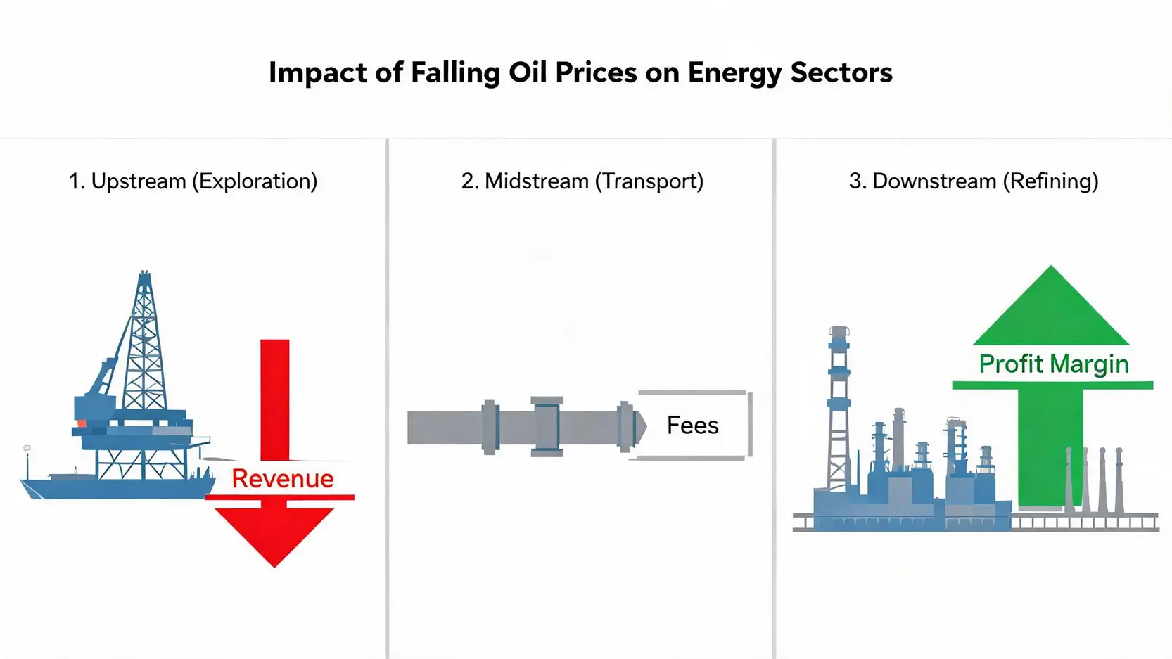 Diagram comparing the impact of low oil prices on Upstream, Midstream, and Downstream energy sectors.