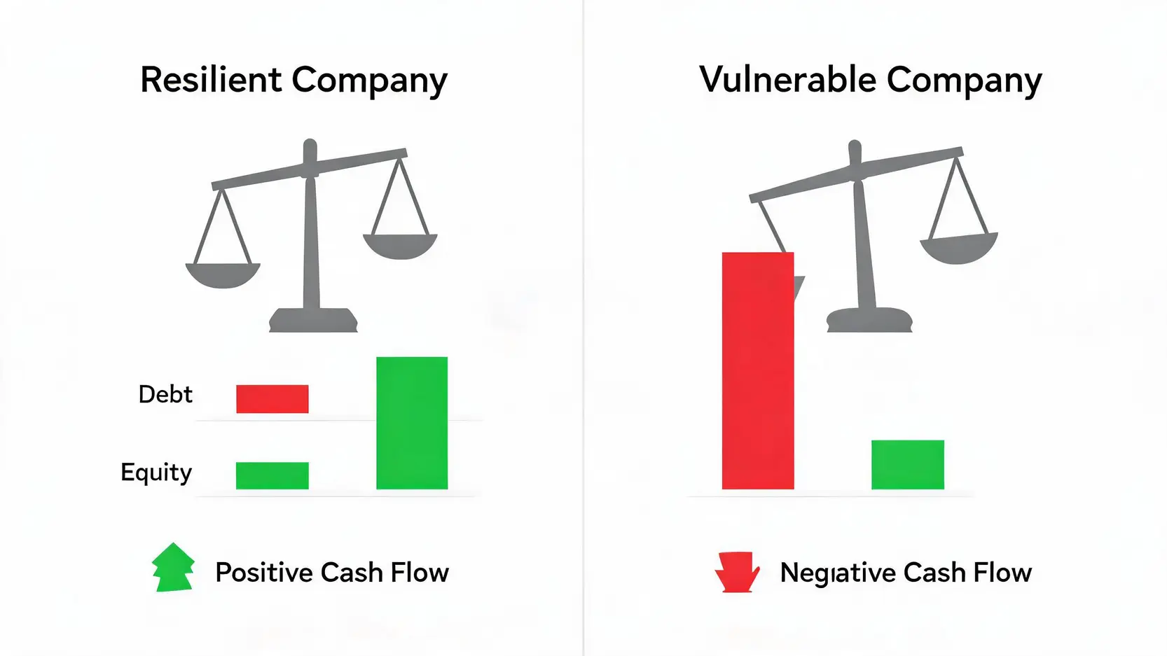 Infographic comparing a strong balance sheet (low debt, positive cash flow) with a weak one (high debt, negative cash flow) for energy companies.