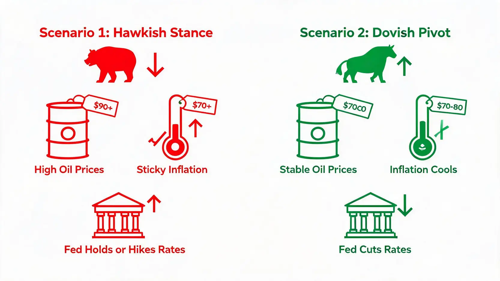 Comparison diagram of two 2026 economic scenarios: a hawkish Fed policy due to high oil prices versus a dovish pivot with potential rate cuts.