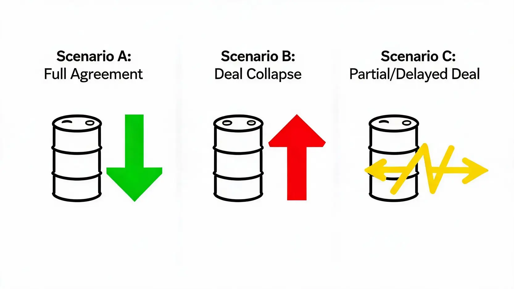 A diagram comparing three potential scenarios for WTI crude oil prices: a full deal causing a price drop, a deal collapse causing a price rise, and a partial deal causing price volatility.