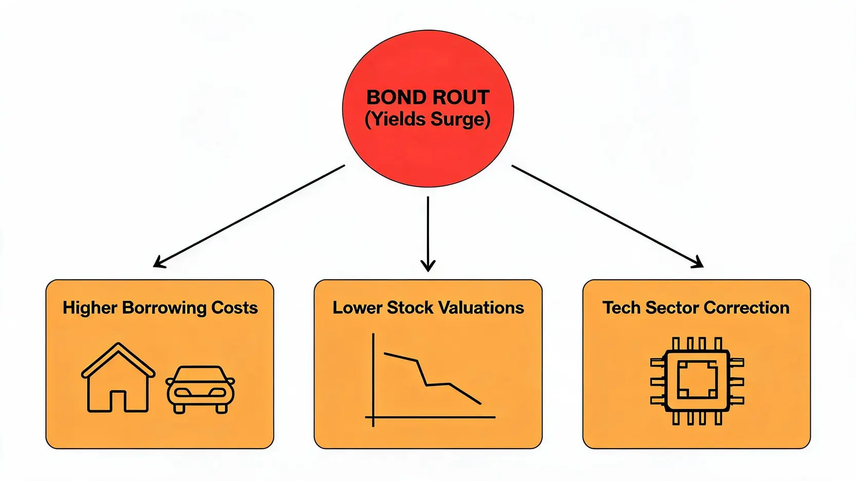 Flowchart showing the ripple effects of a bond rout, leading to higher borrowing costs and lower stock valuations.