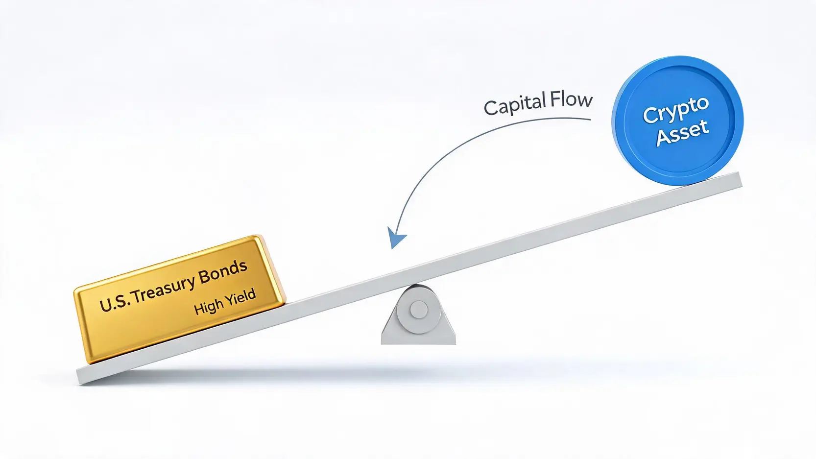 A seesaw illustrating opportunity cost, with stable U.S. Treasury bonds outweighing volatile crypto assets as yields rise.
