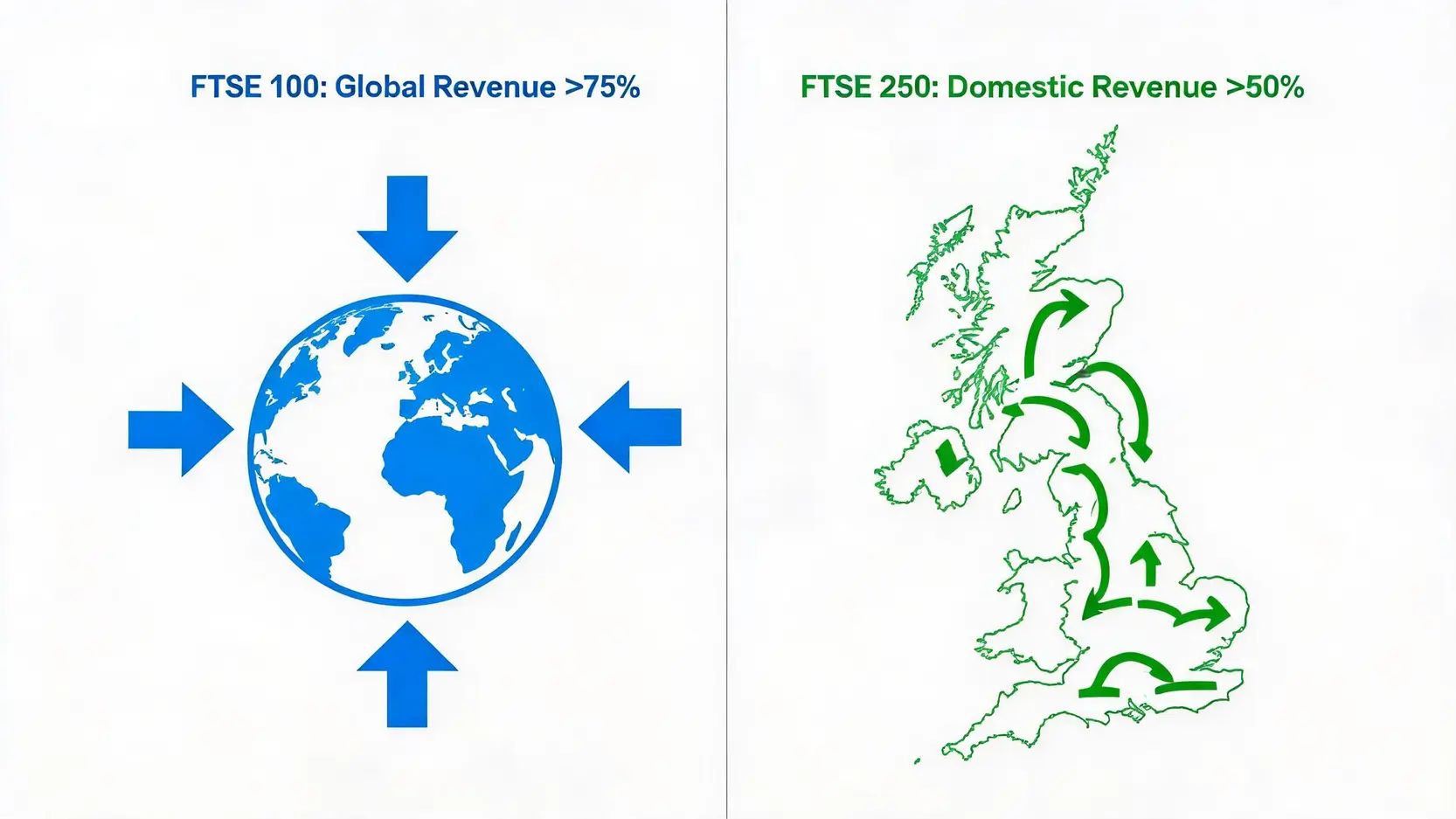 Diagram comparing revenue sources of FTSE 100 from global markets versus FTSE 250 from the domestic UK market.