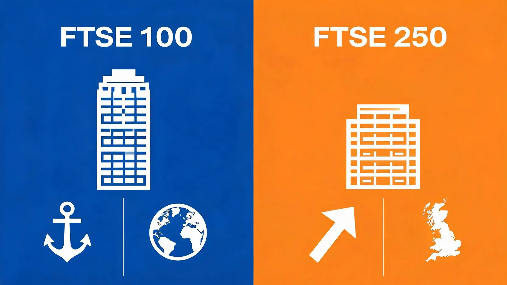 Comparison of FTSE 100 (stable, global) vs FTSE 250 (growth, domestic).