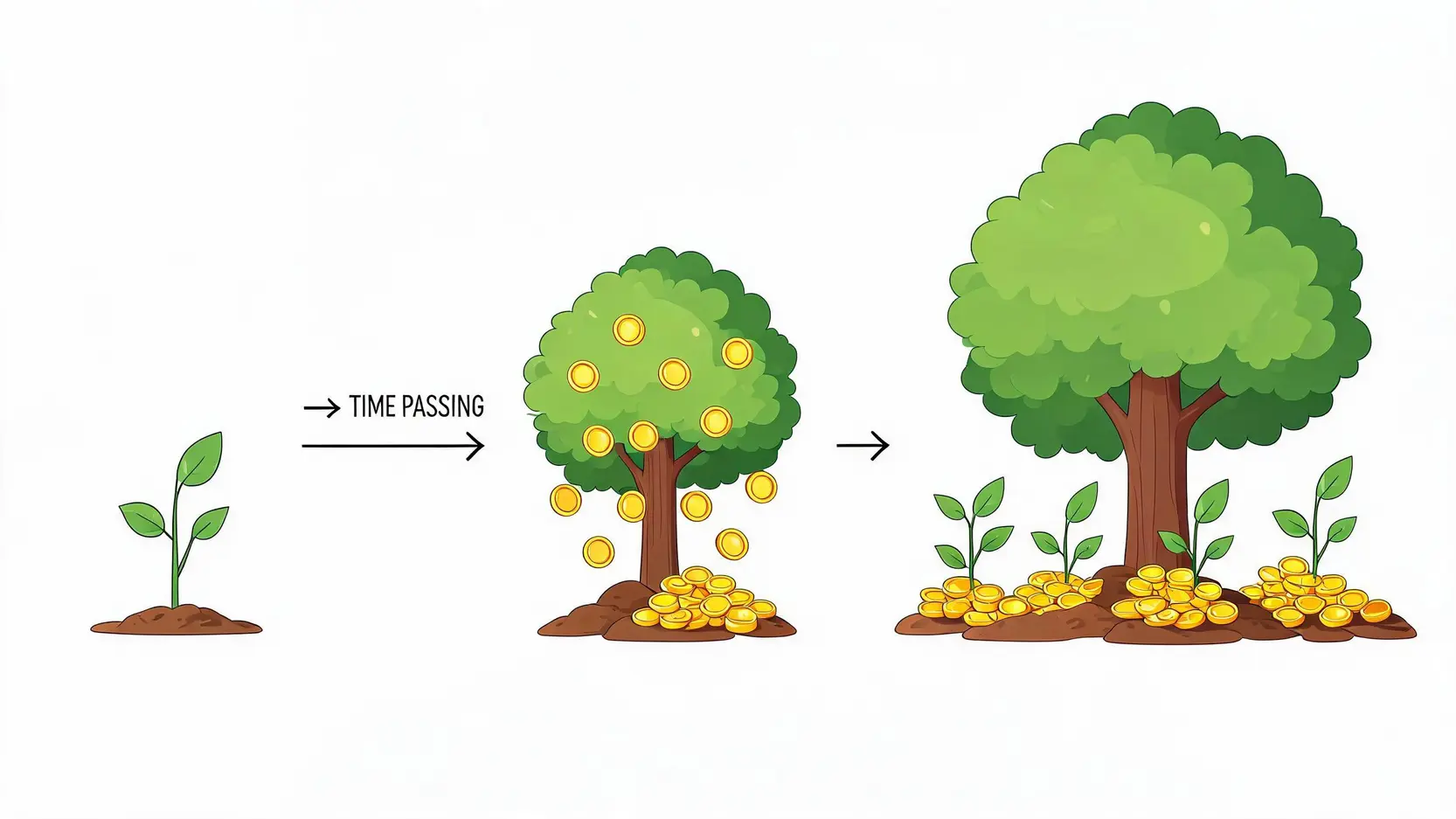 An illustration showing the principle of compound returns, where a small sapling grows into a large tree whose seeds (dividends) grow into new trees.