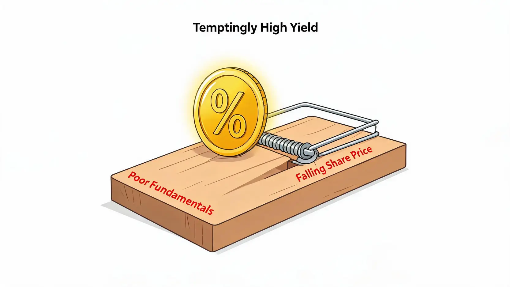 An illustration of a dividend trap, depicted as a mousetrap baited with a high yield percentage coin, warning of poor fundamentals.