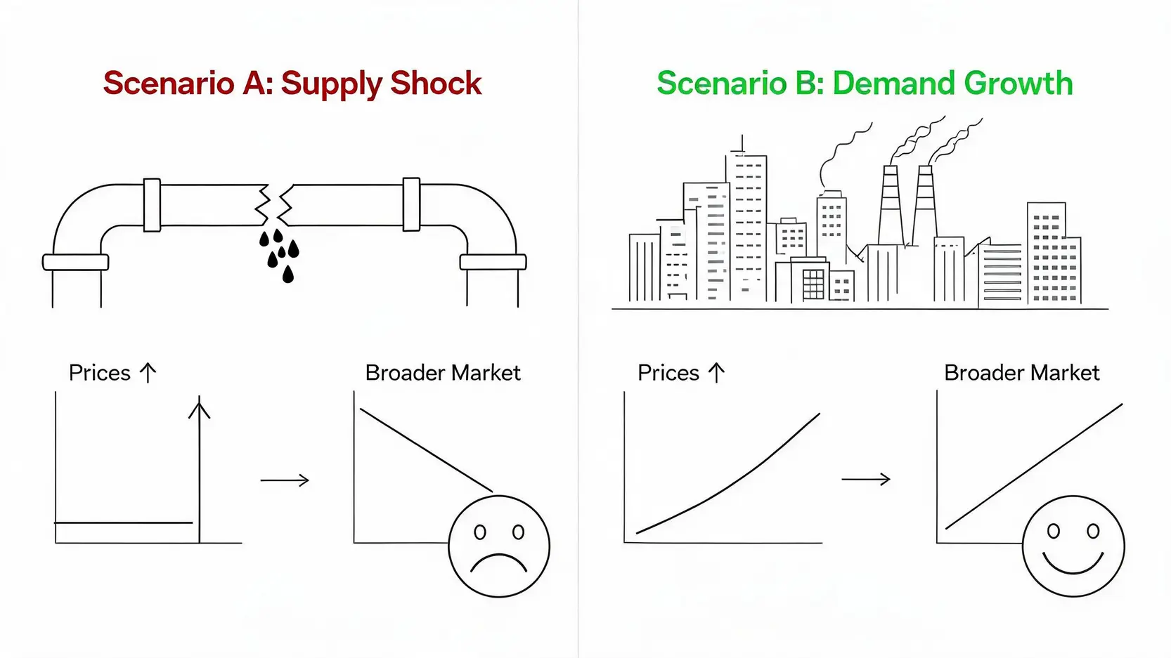Comparison diagram showing two scenarios: how a supply shock oil price spike negatively affects the stock market versus how a demand-driven price rise can positively affect it.