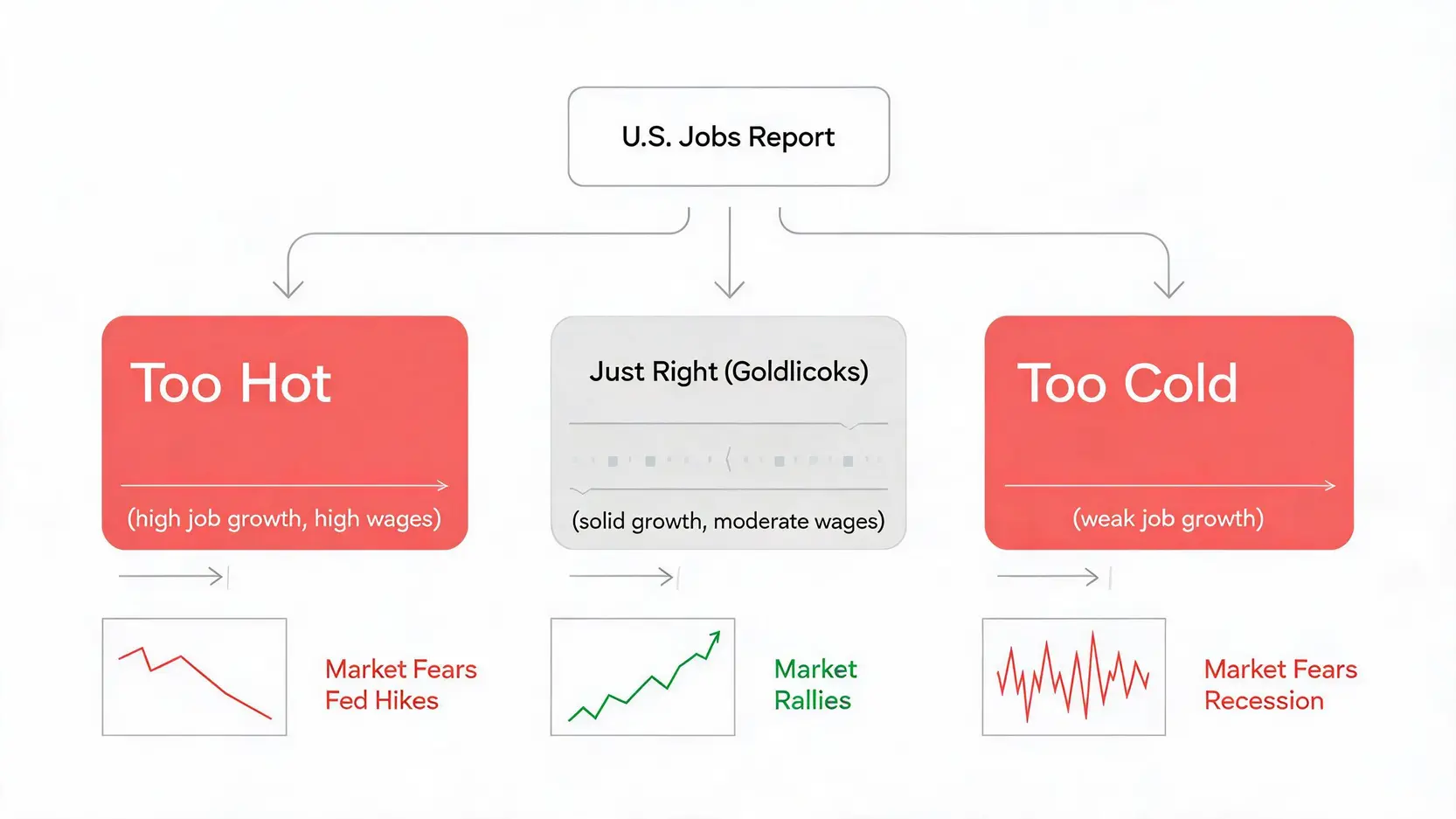 Flowchart explaining the stock market's reaction to the three possible outcomes of the U.S. Jobs Report: a hot report causing fears of Fed hikes, a Goldilocks report causing a rally, and a cold report causing recession fears.