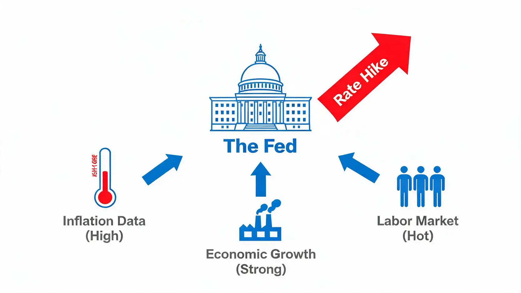 Diagram explaining the key economic indicators that influence the Federal Reserve's decision to hike interest rates.