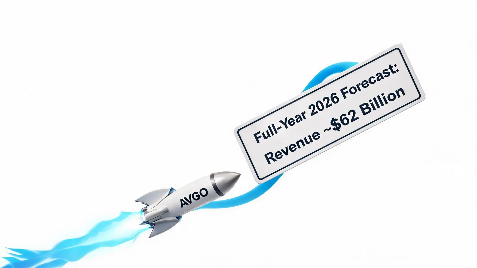 Illustration of a rocket symbolizing Broadcom's raised 2026 financial forecast, with revenue projected at $62 billion.