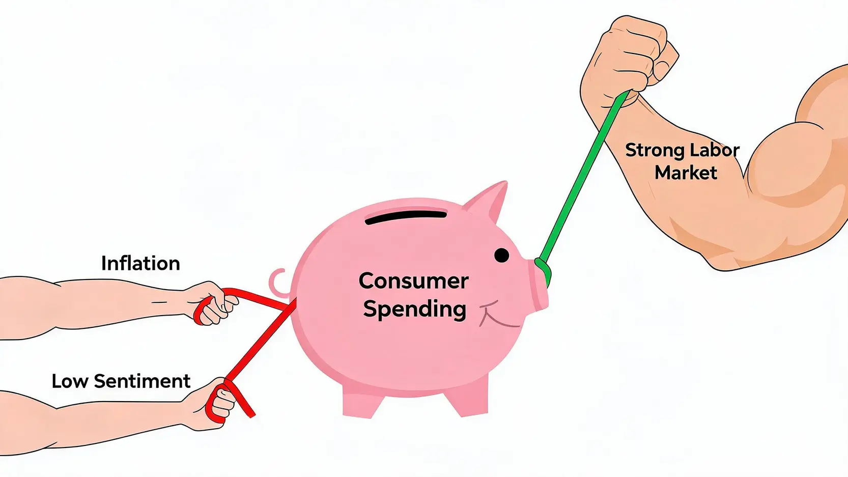 Conceptual illustration of the economic forces affecting 2026 consumer spending, showing a tug-of-war between the strong labor market and the pressures of inflation and low sentiment.