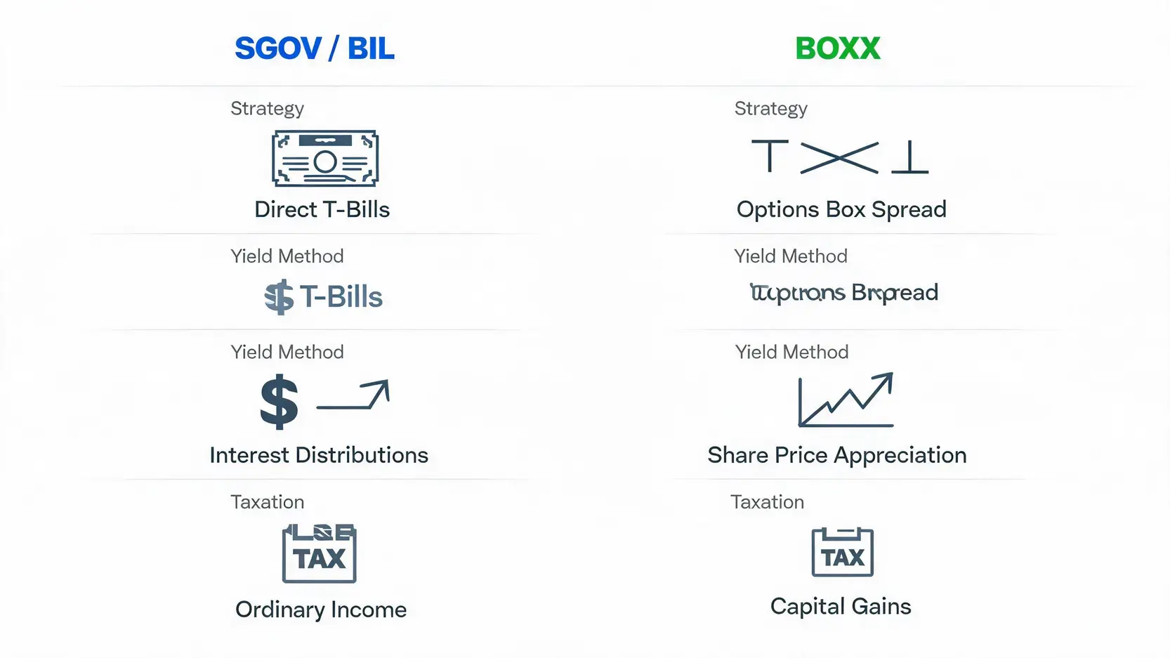 Comparison chart of SGOV, BIL, and BOXX ETFs, highlighting differences in strategy, yield method, and taxation.
