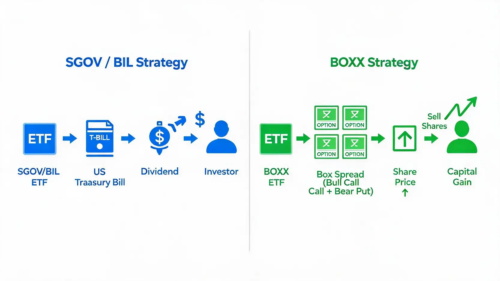Diagram showing the investment strategy of SGOV/BIL (buying T-Bills for interest) versus BOXX (using a box spread for capital appreciation).