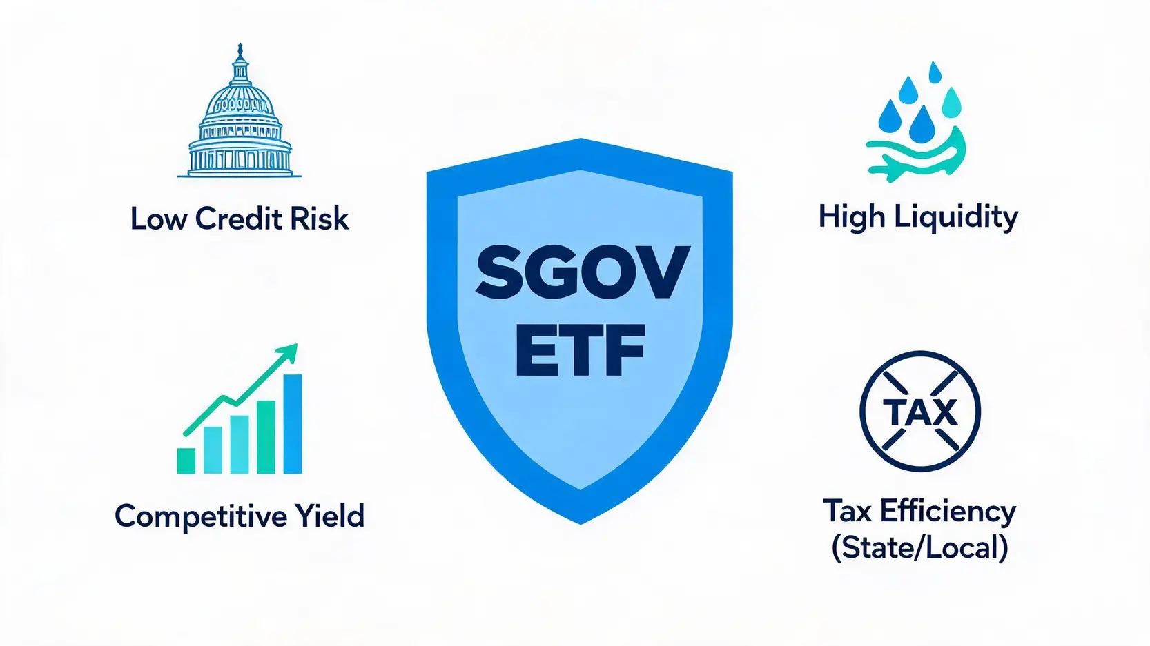 Conceptual illustration showing the four main benefits of the SGOV ETF: Low Credit Risk, High Liquidity, Competitive Yield, and State/Local Tax Efficiency.