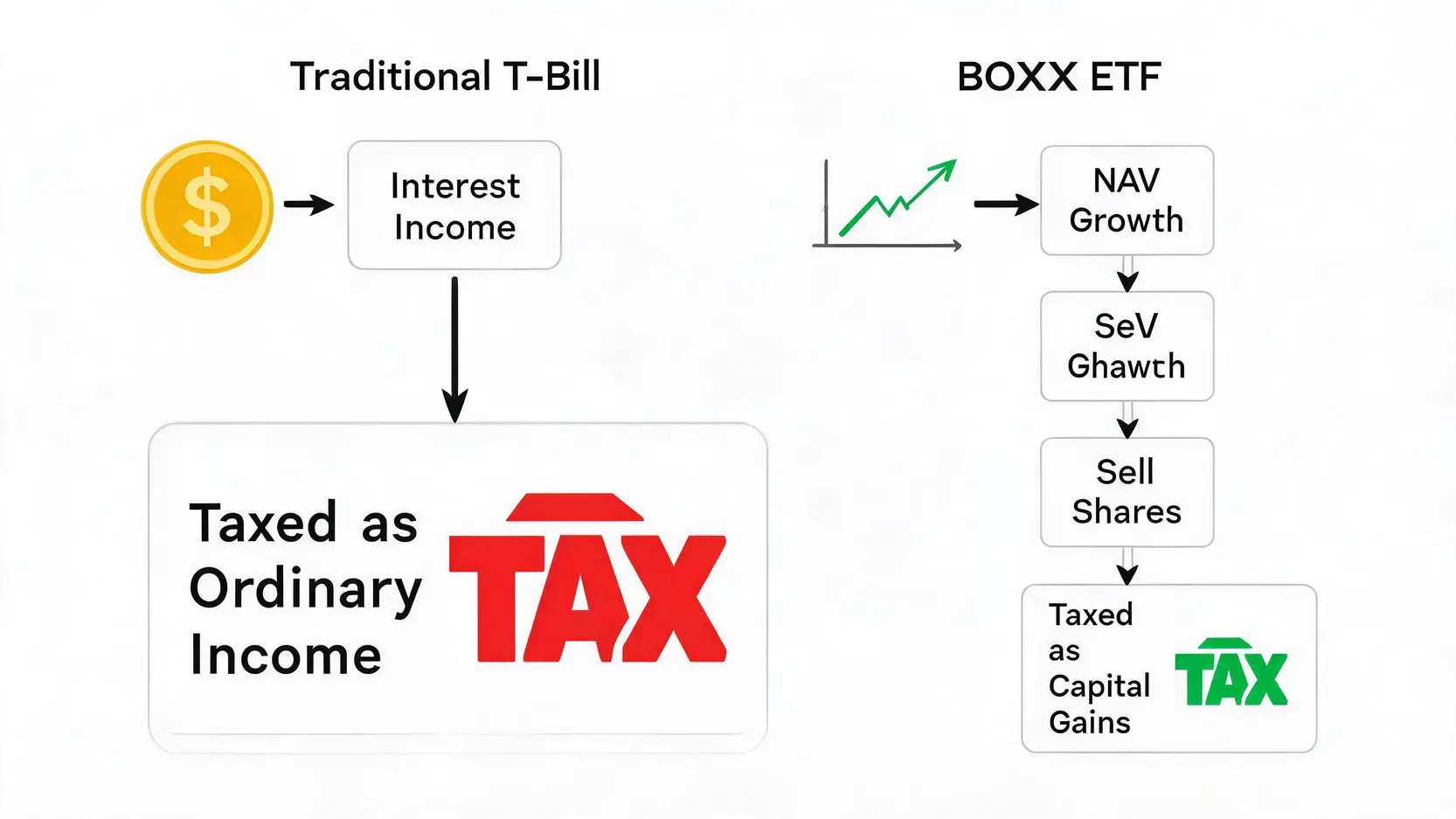 Comparison of tax treatment between T-bills and the BOXX ETF, showing how BOXX converts ordinary income into more favorable capital gains.