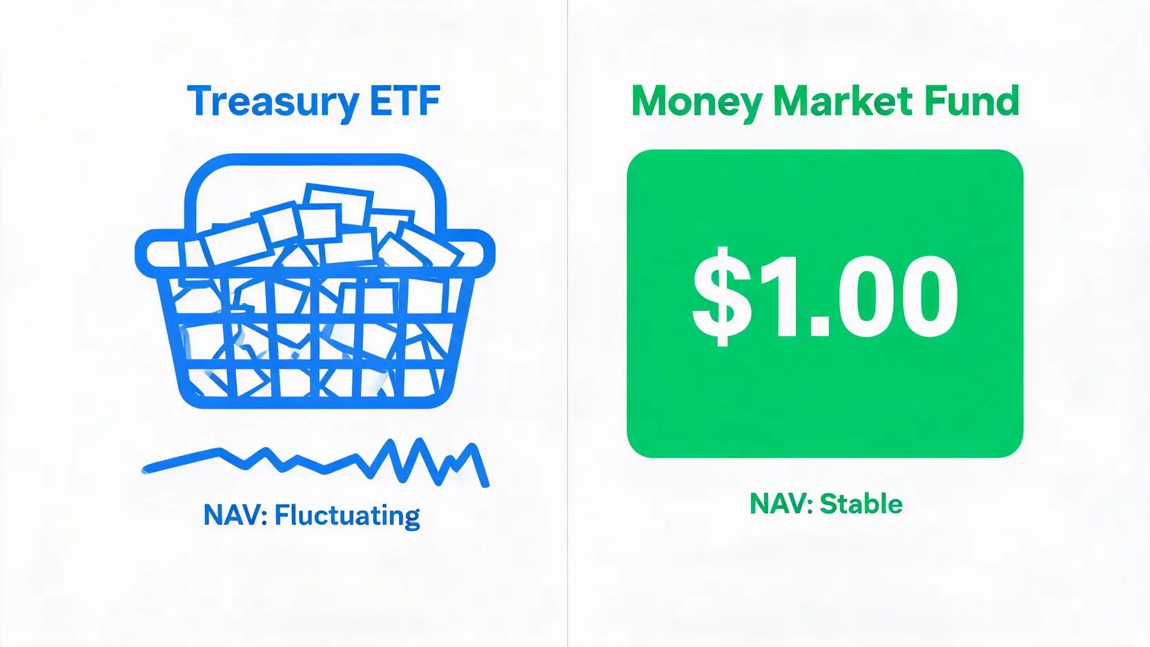 Diagram comparing the structure of a Treasury ETF with its fluctuating NAV to a Money Market Fund with its stable $1.00 NAV.