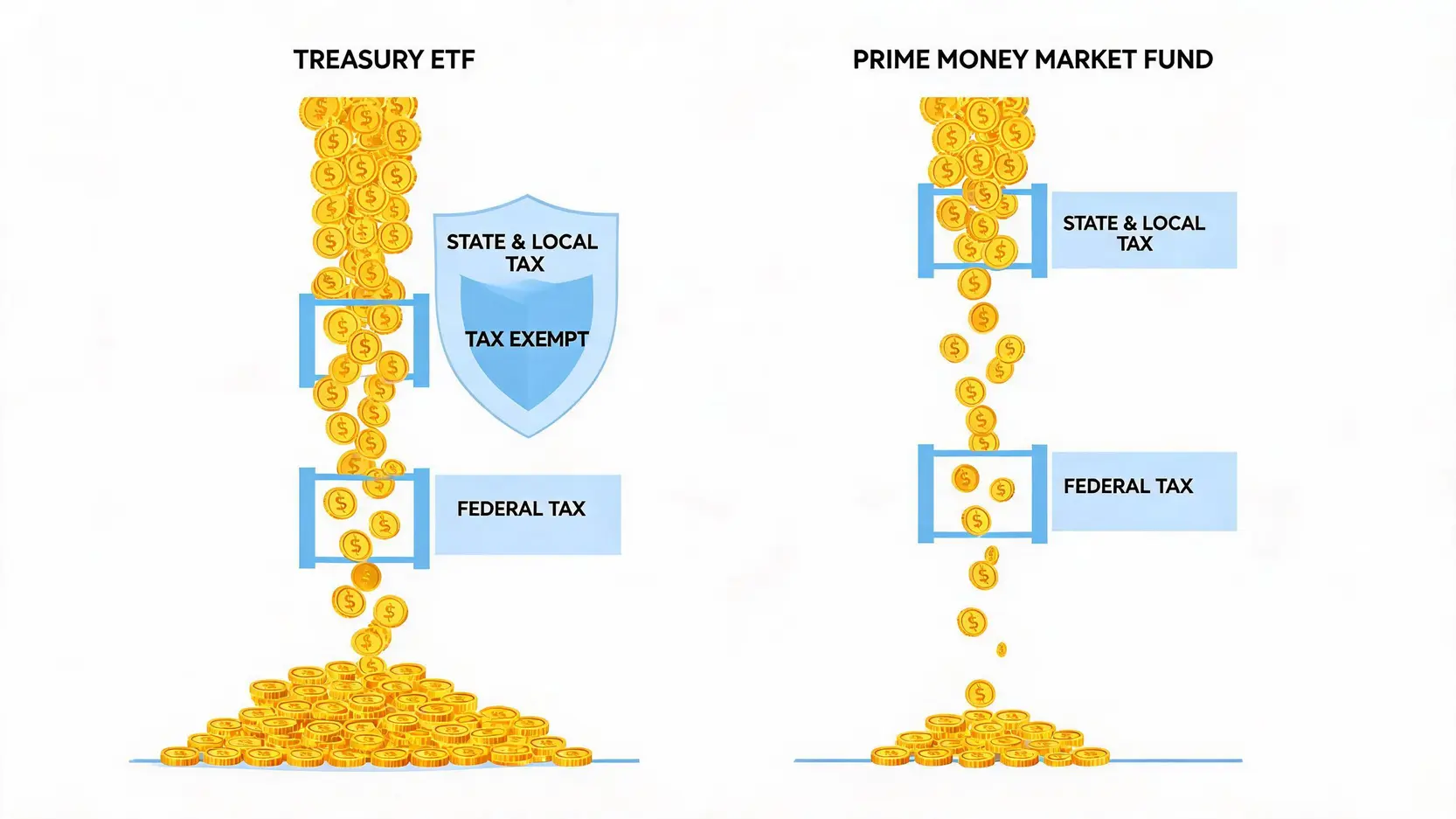 Illustration showing how Treasury ETF income is shielded from state and local taxes, resulting in a higher after-tax return compared to a fully taxable money market fund.