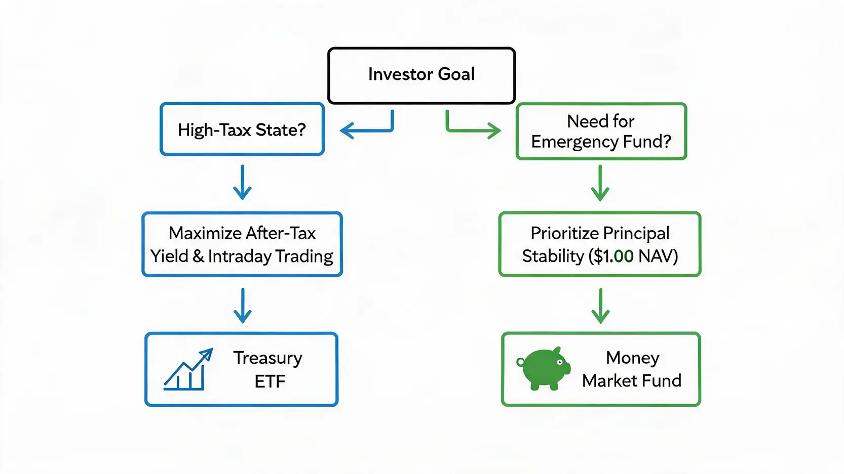 A flowchart guiding an investor to choose between a Treasury ETF or a Money Market Fund based on their goals like yield maximization or principal stability.