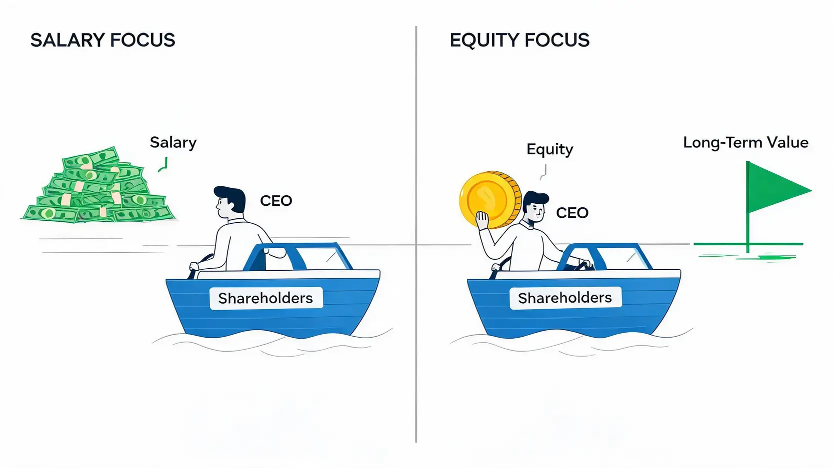 Conceptual illustration showing how high insider ownership aligns CEO interests with shareholder value.