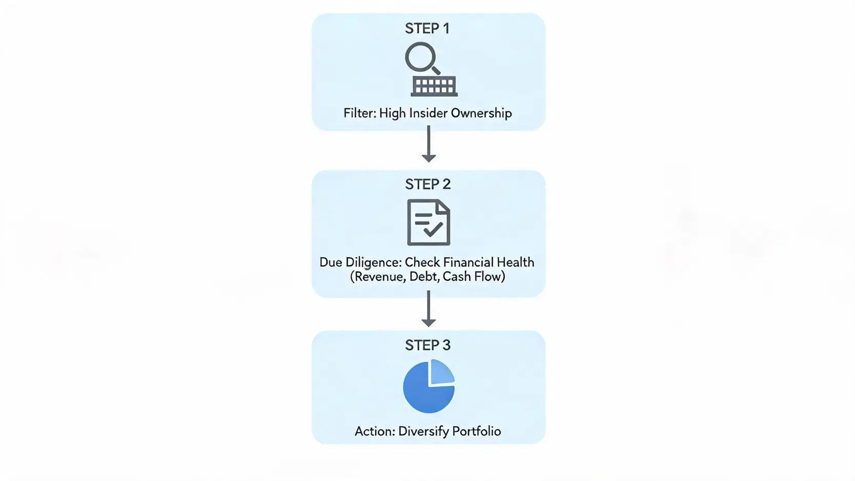 Flowchart of the investment process starting with high insider ownership, followed by financial due diligence and portfolio diversification.