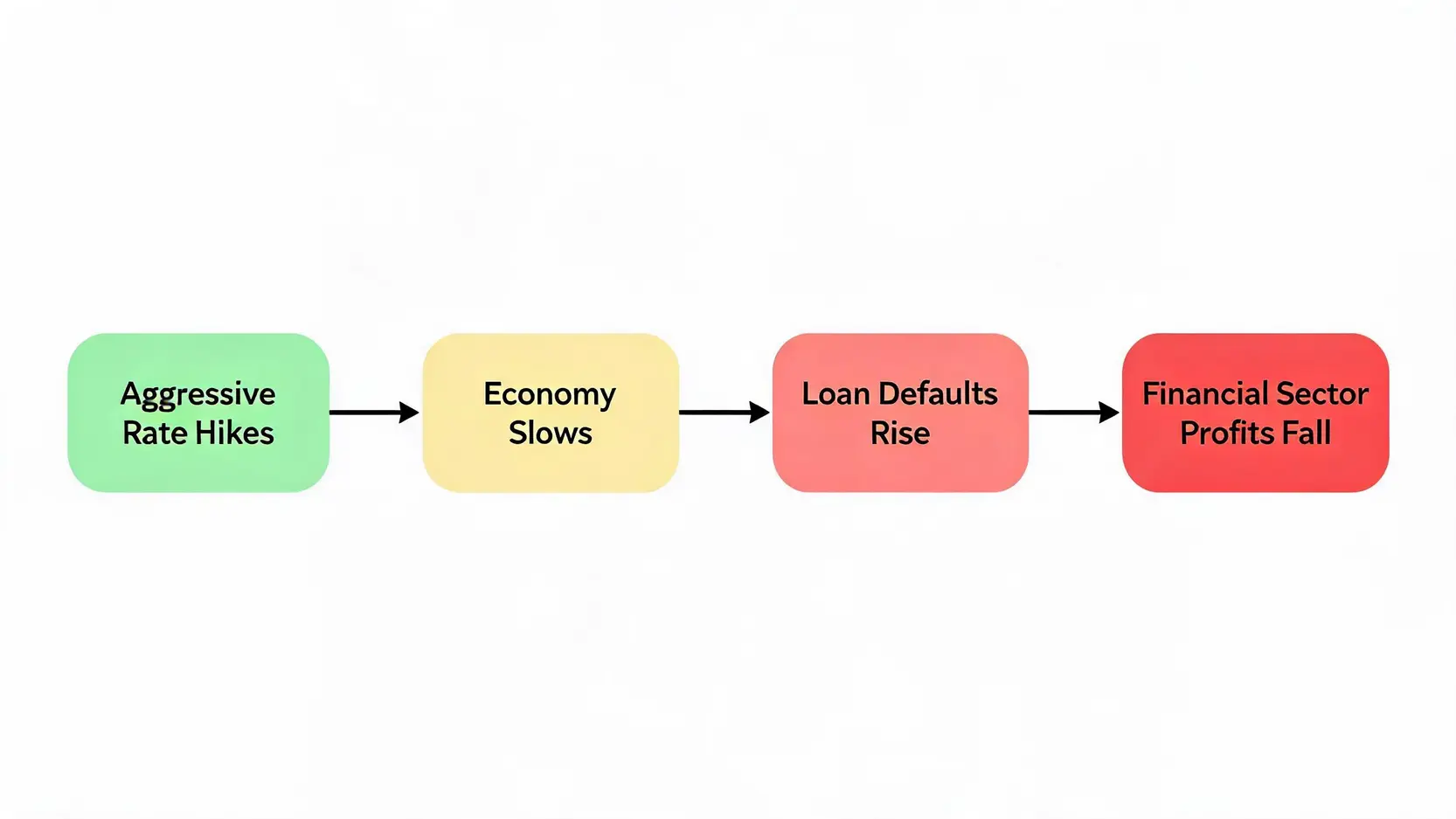 Flowchart illustrating the economic risk that aggressive interest rate hikes can lead to a recession and hurt financial stocks.