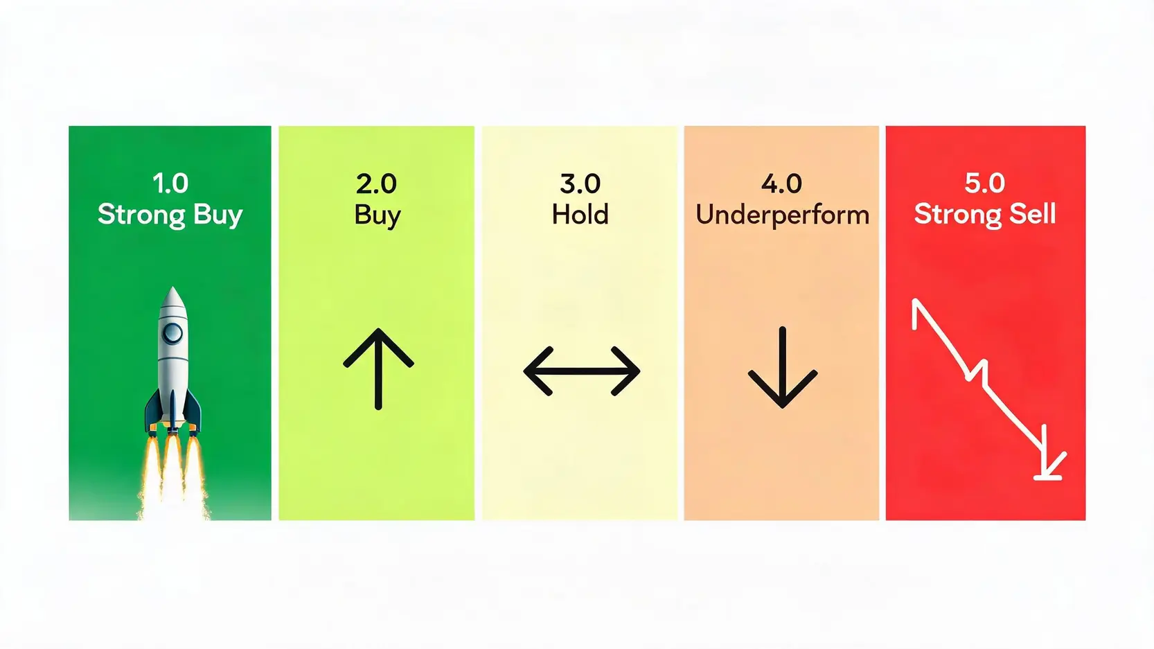 A diagram illustrating the five stock analyst ratings, from a green 'Strong Buy' rocket to a red 'Strong Sell' falling chart.