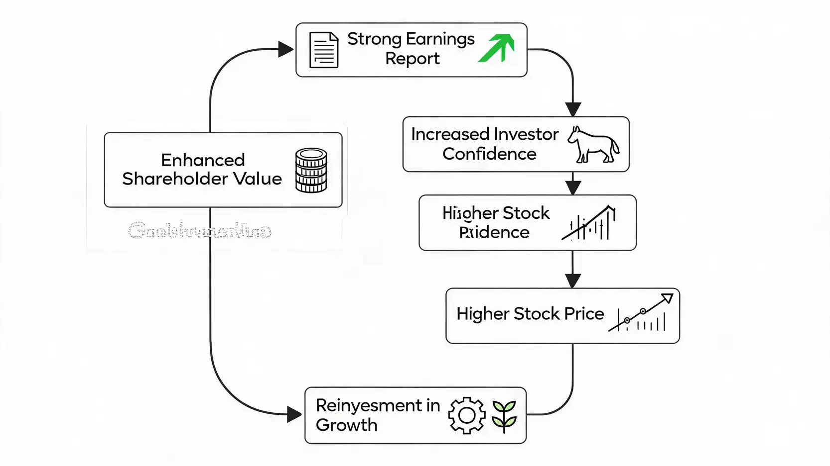 Flowchart showing how strong earnings growth leads to a higher stock price and increased shareholder value.