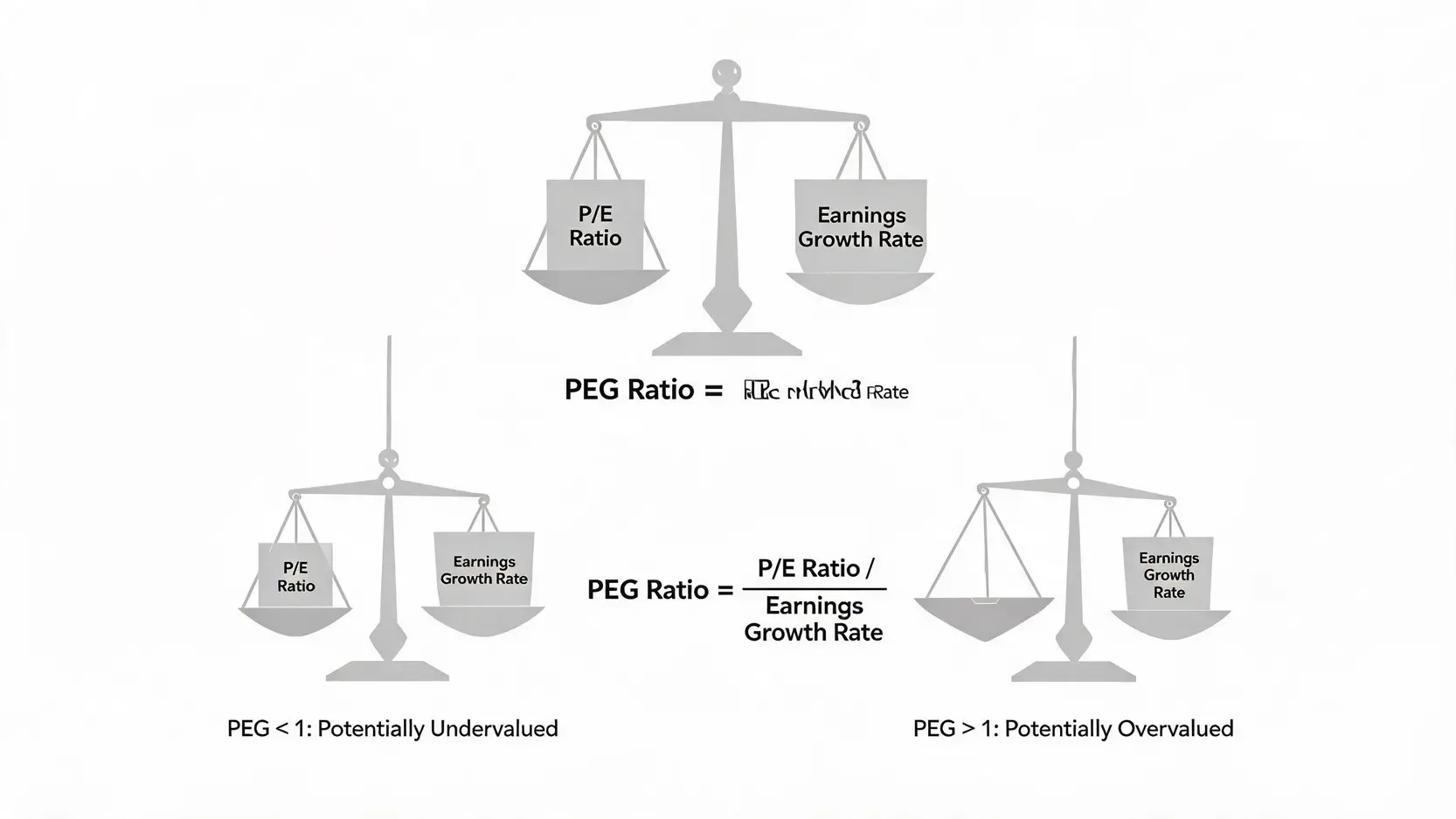 An illustration explaining the PEG ratio formula as a balance between a stock's P/E ratio and its earnings growth rate.